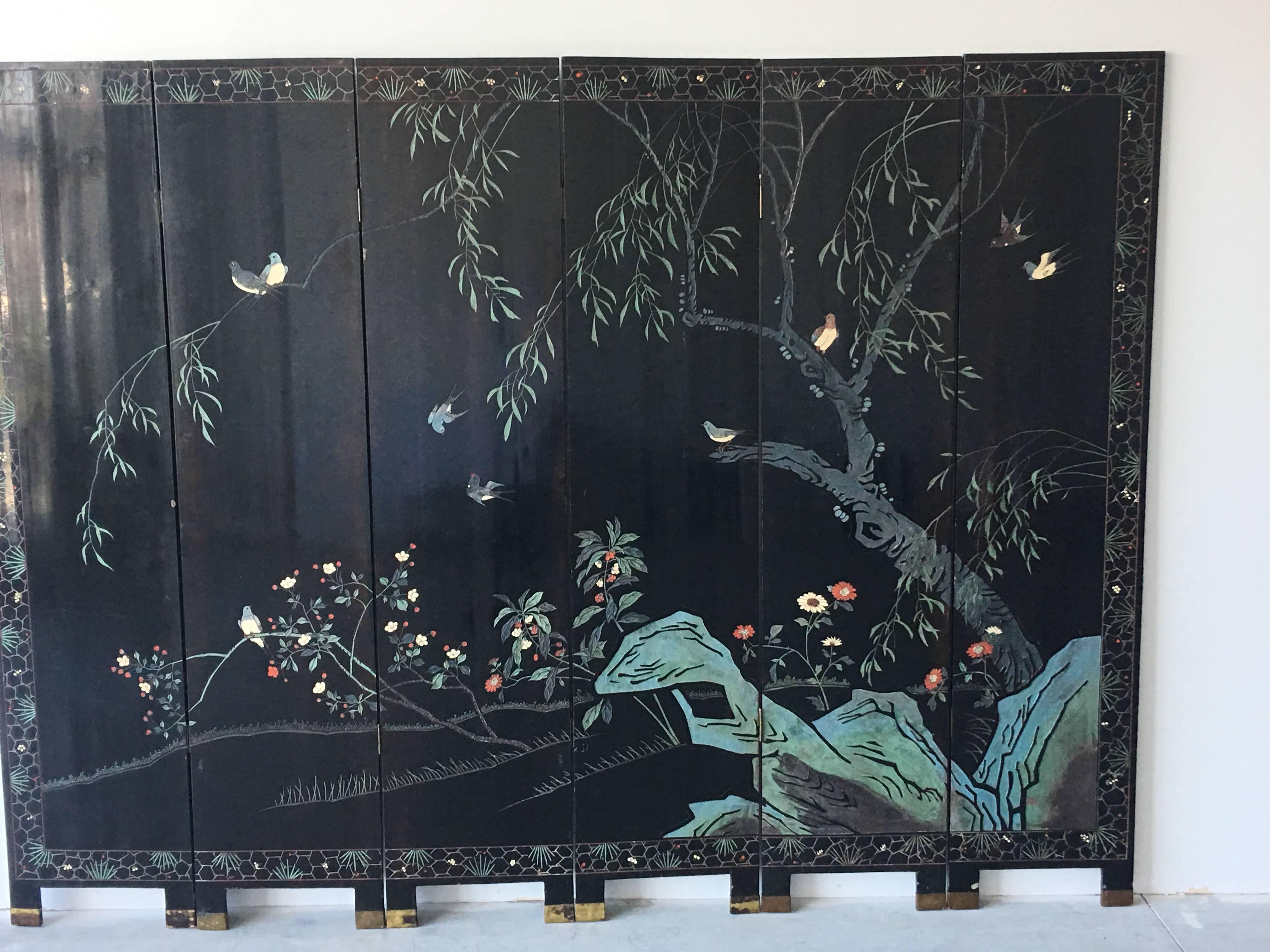 1950s Black and Gold Cherry Blossom Six-Panel Room Divider Screen For Sale 1