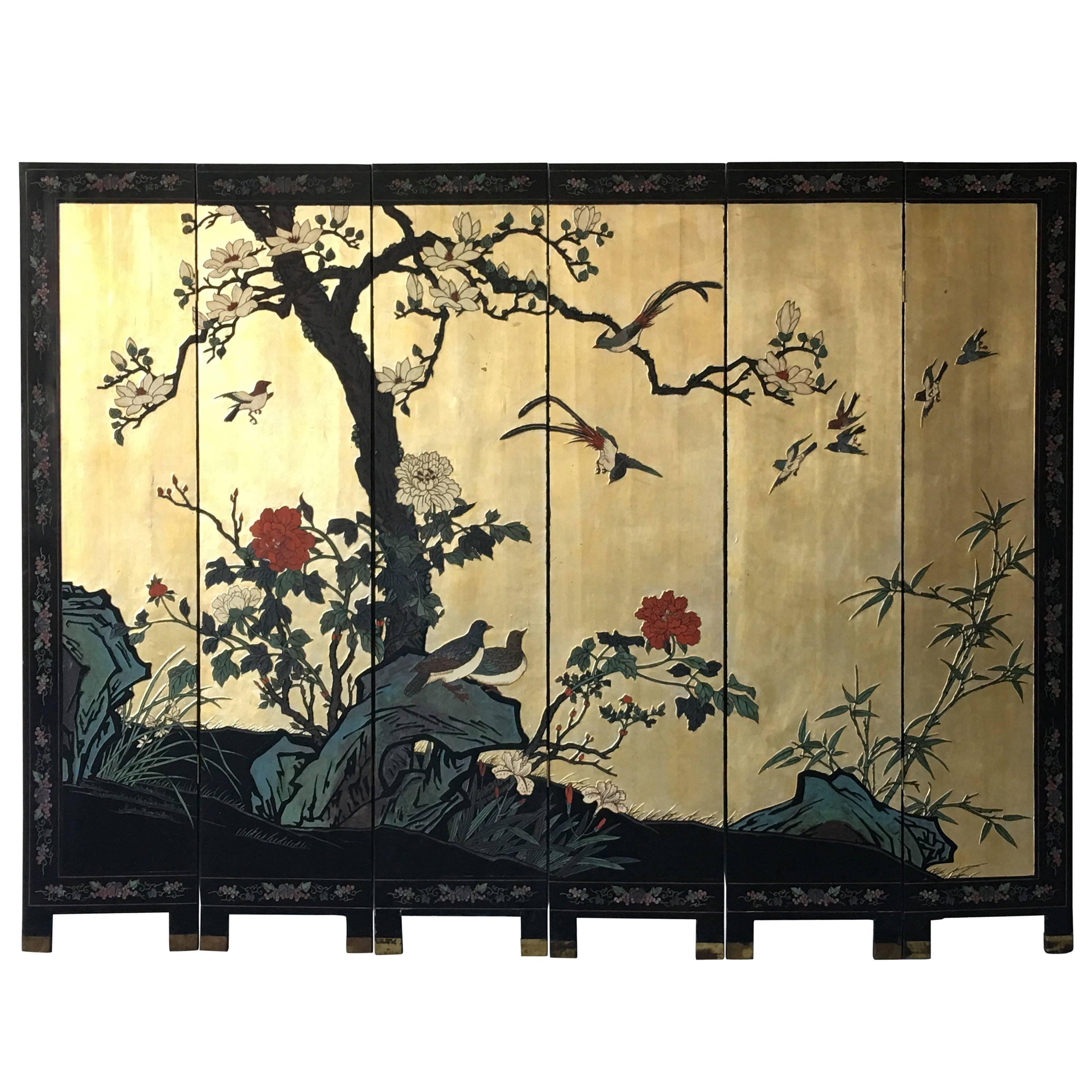 1950s Black and Gold Cherry Blossom Six-Panel Room Divider Screen For Sale