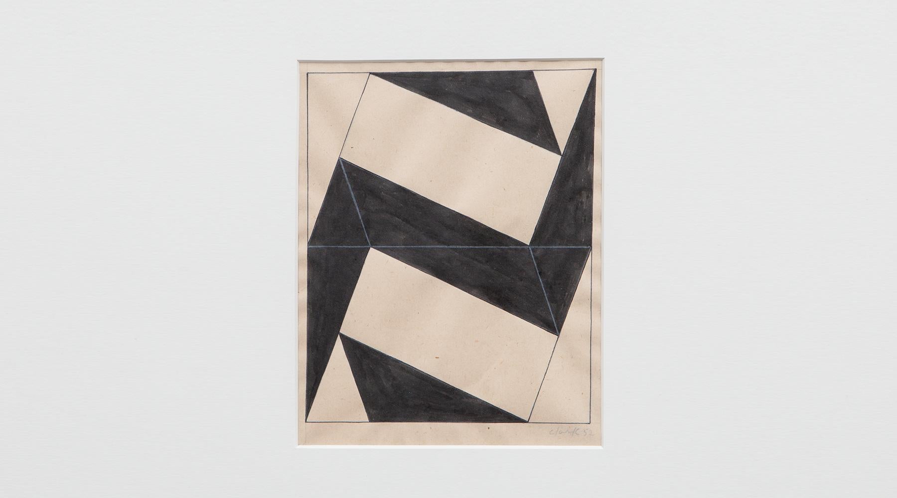 Pencil and ink on paper in black and warm white by Lygia Clark, signed, 1952, Brazil.

The drawing by Lygia Clark comes in a wooden frame. The originality is marked by the signature, as well as the year of origin. The drawing itself has the size of