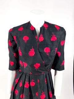 1950s Black and Red Floral Printed Silk Dress and Bolero
