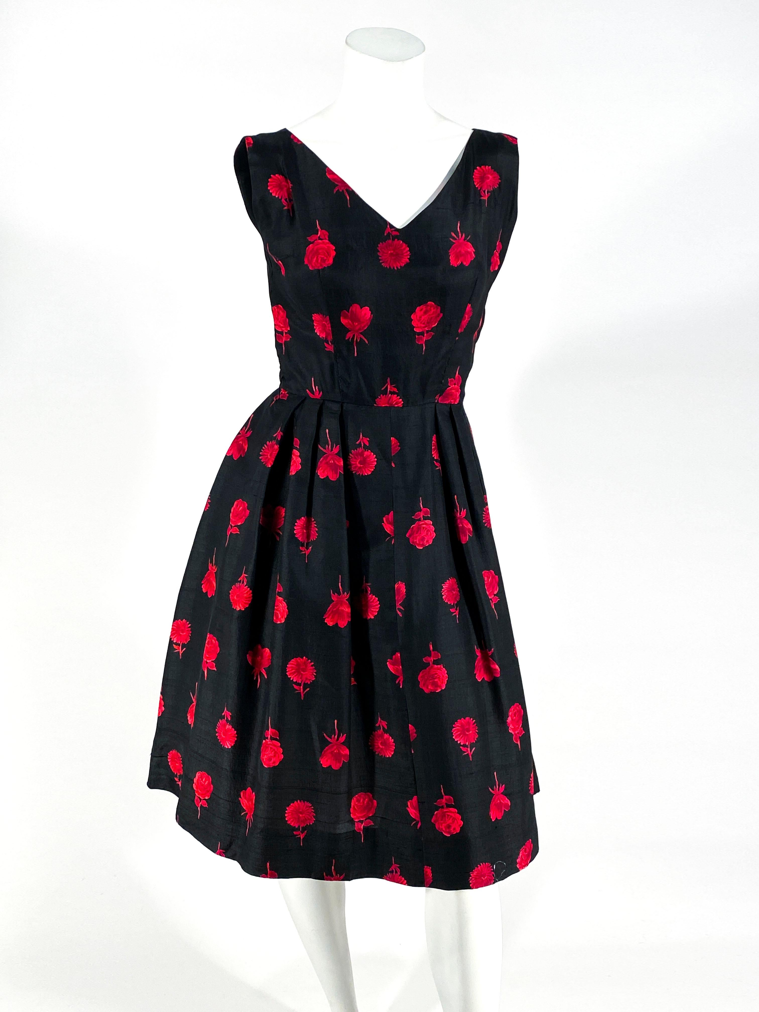 1950s Black and Red Floral Printed Silk Dress and Bolero In Good Condition In San Francisco, CA