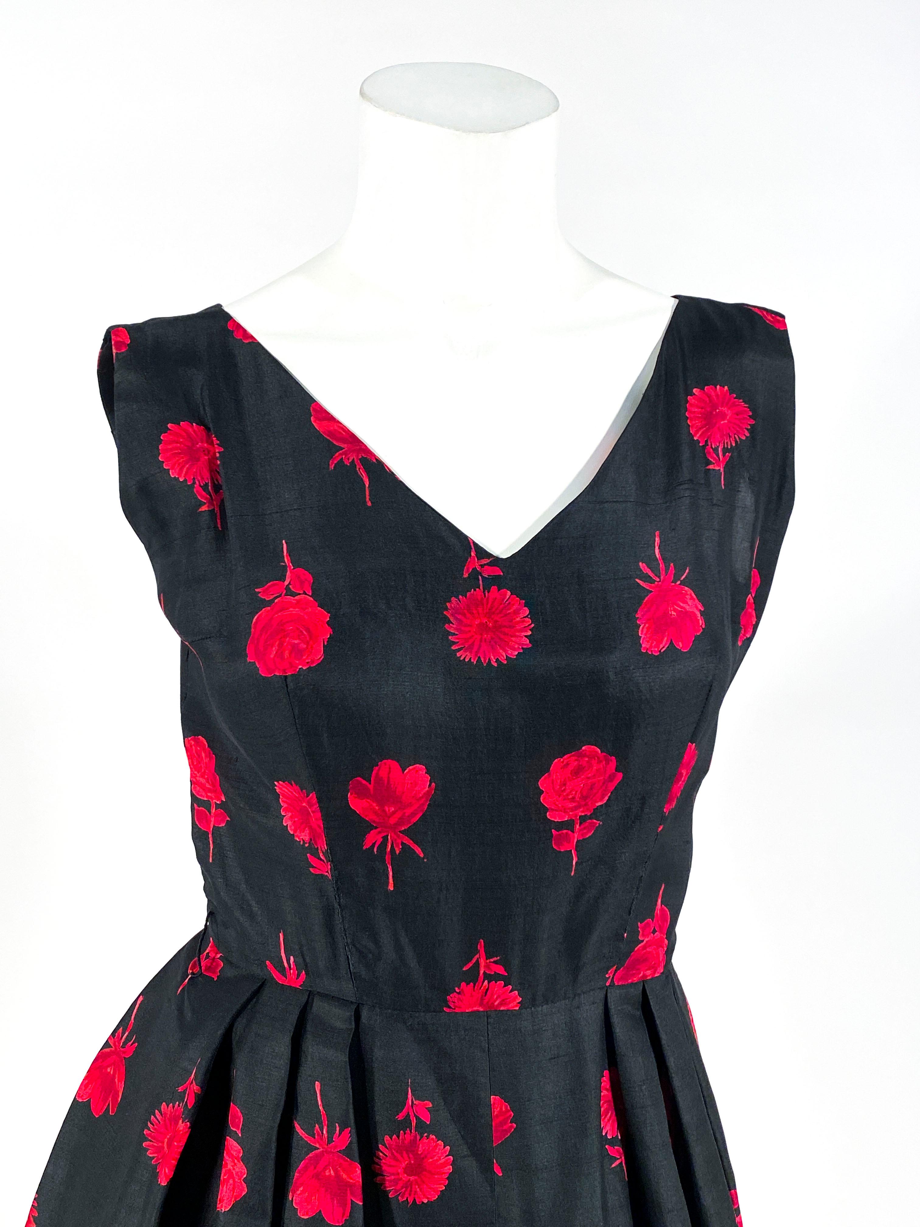 Women's 1950s Black and Red Floral Printed Silk Dress and Bolero