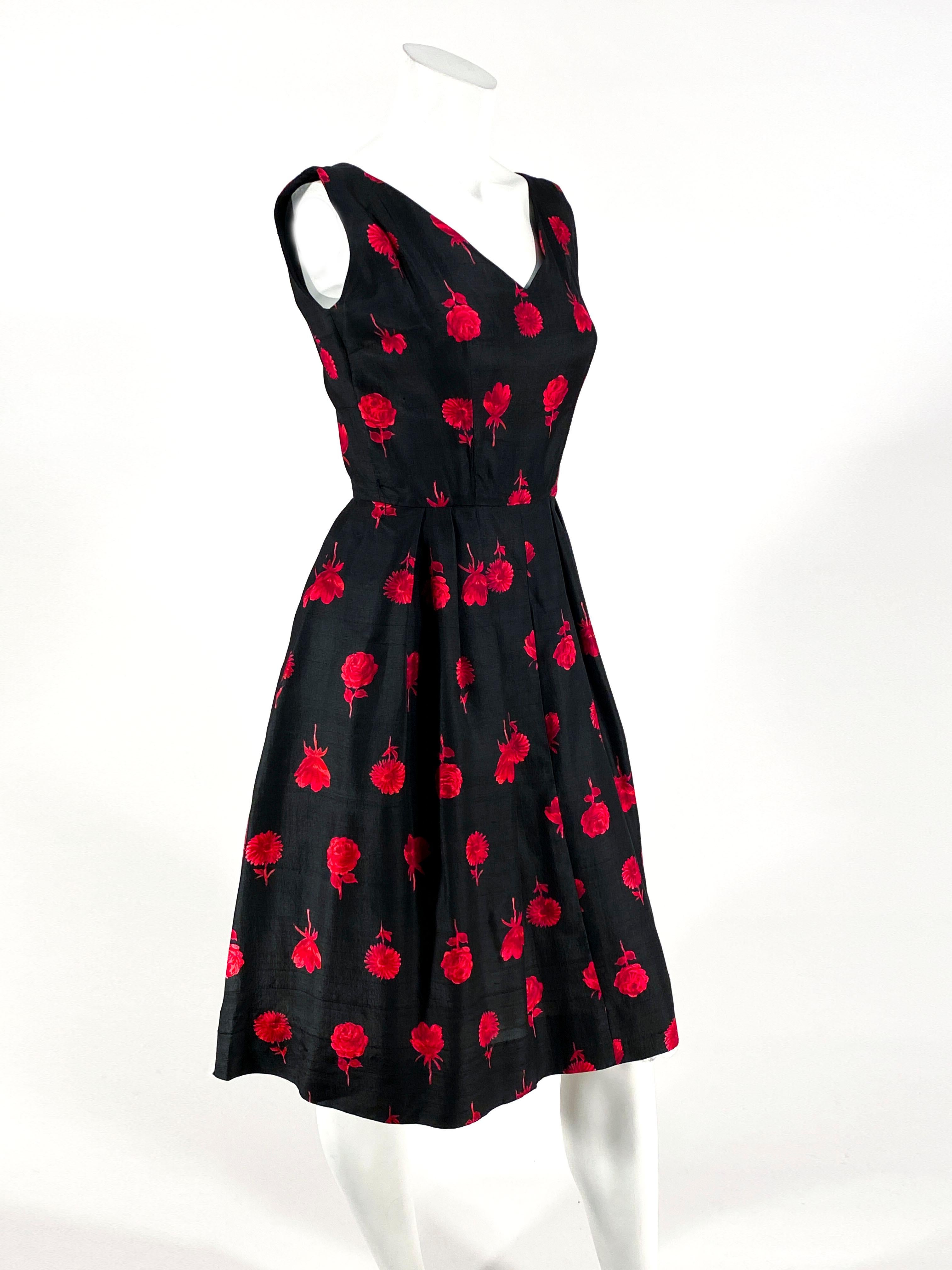 1950s Black and Red Floral Printed Silk Dress and Bolero 1