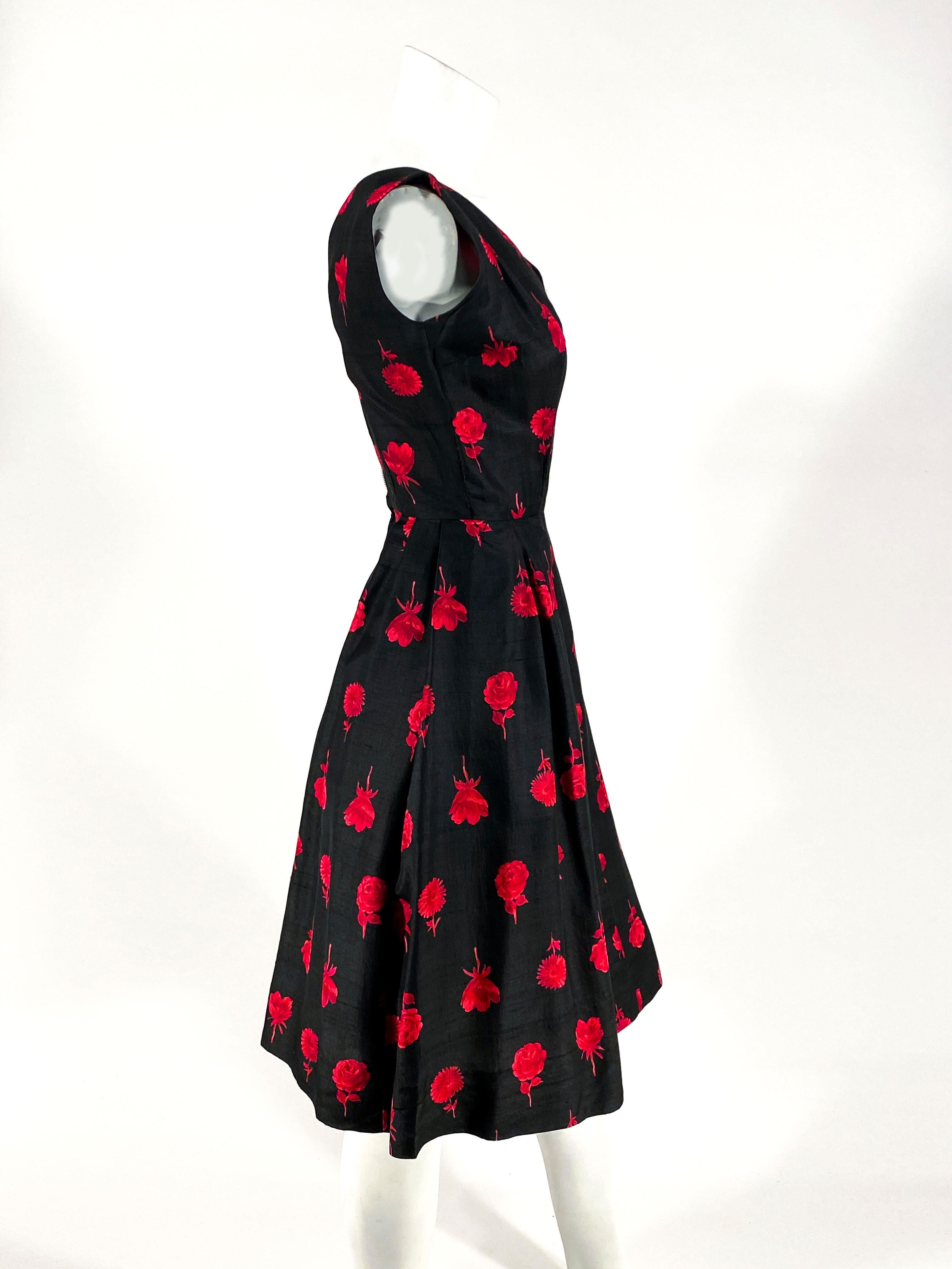 1950s Black and Red Floral Printed Silk Dress and Bolero 2