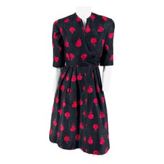 Vintage 1950s Black and Red Floral Printed Silk Dress and Bolero