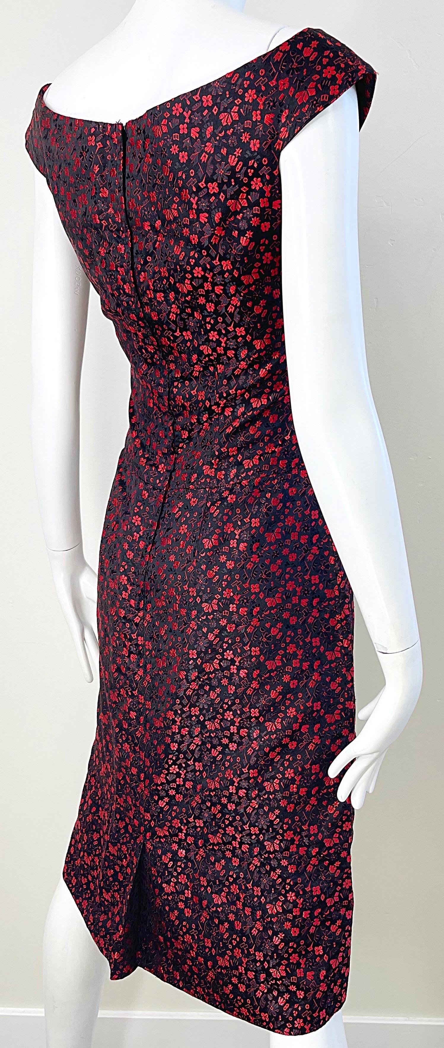 1950s Black and Red Silk Brocade Flower Print Off Shoulder Vintage 50s Dress For Sale 5