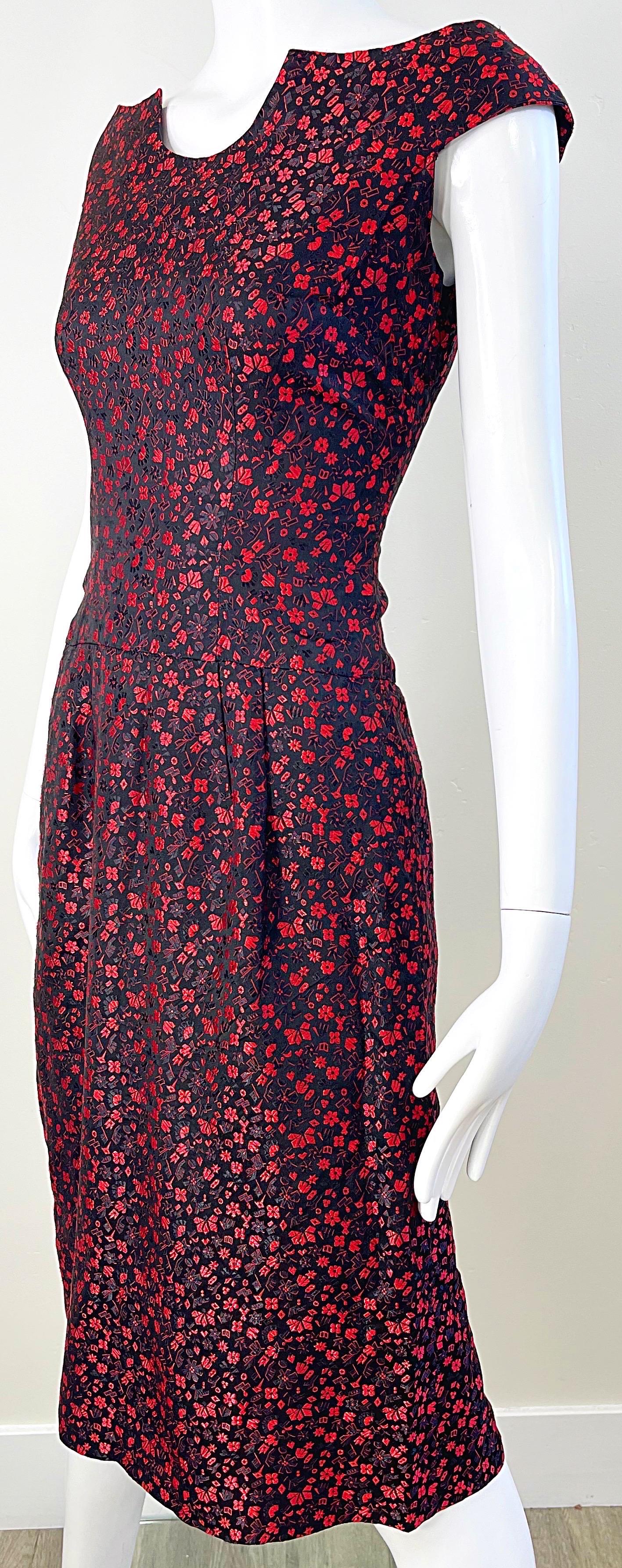 Women's 1950s Black and Red Silk Brocade Flower Print Off Shoulder Vintage 50s Dress For Sale