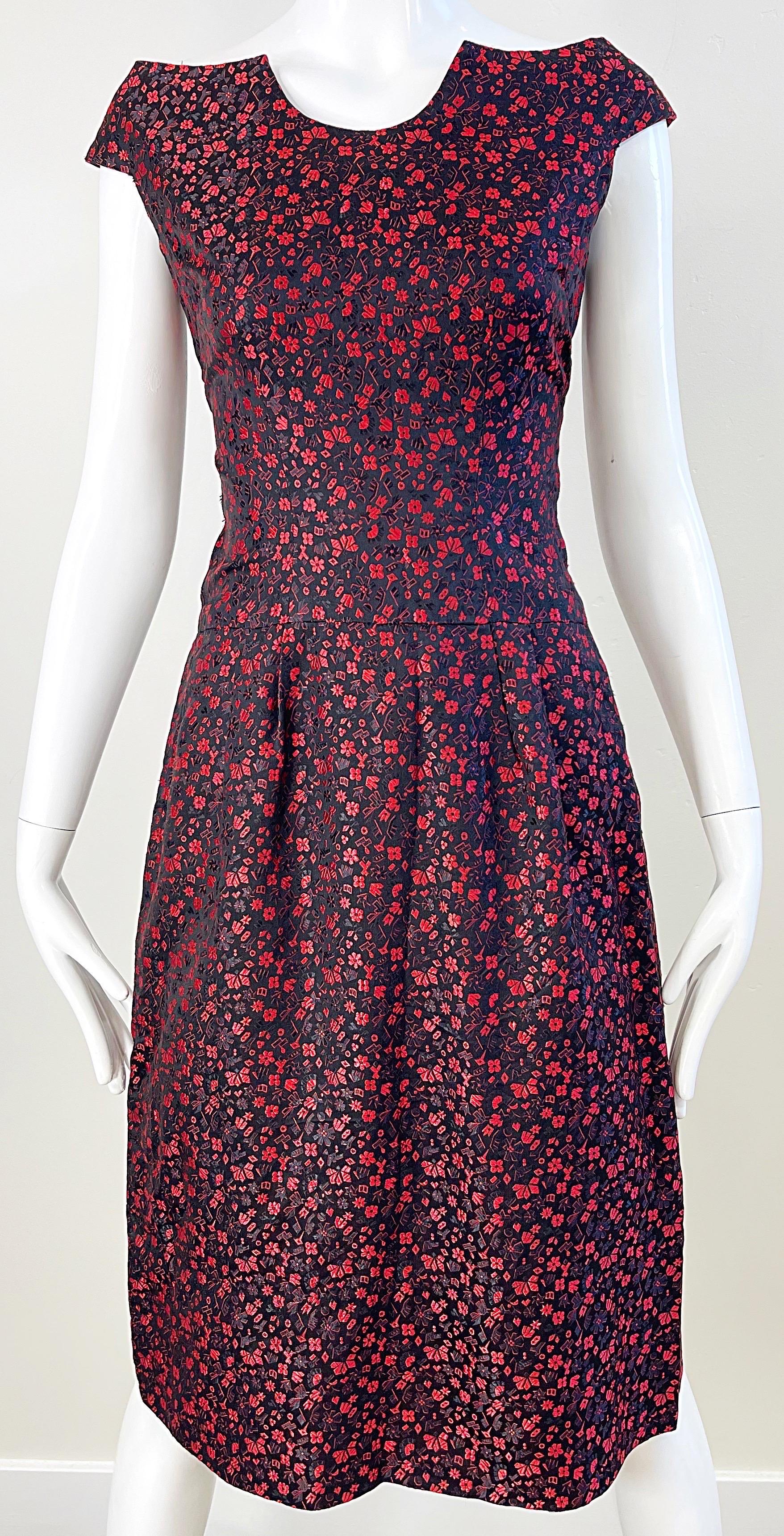 1950s Black and Red Silk Brocade Flower Print Off Shoulder Vintage 50s Dress For Sale 1
