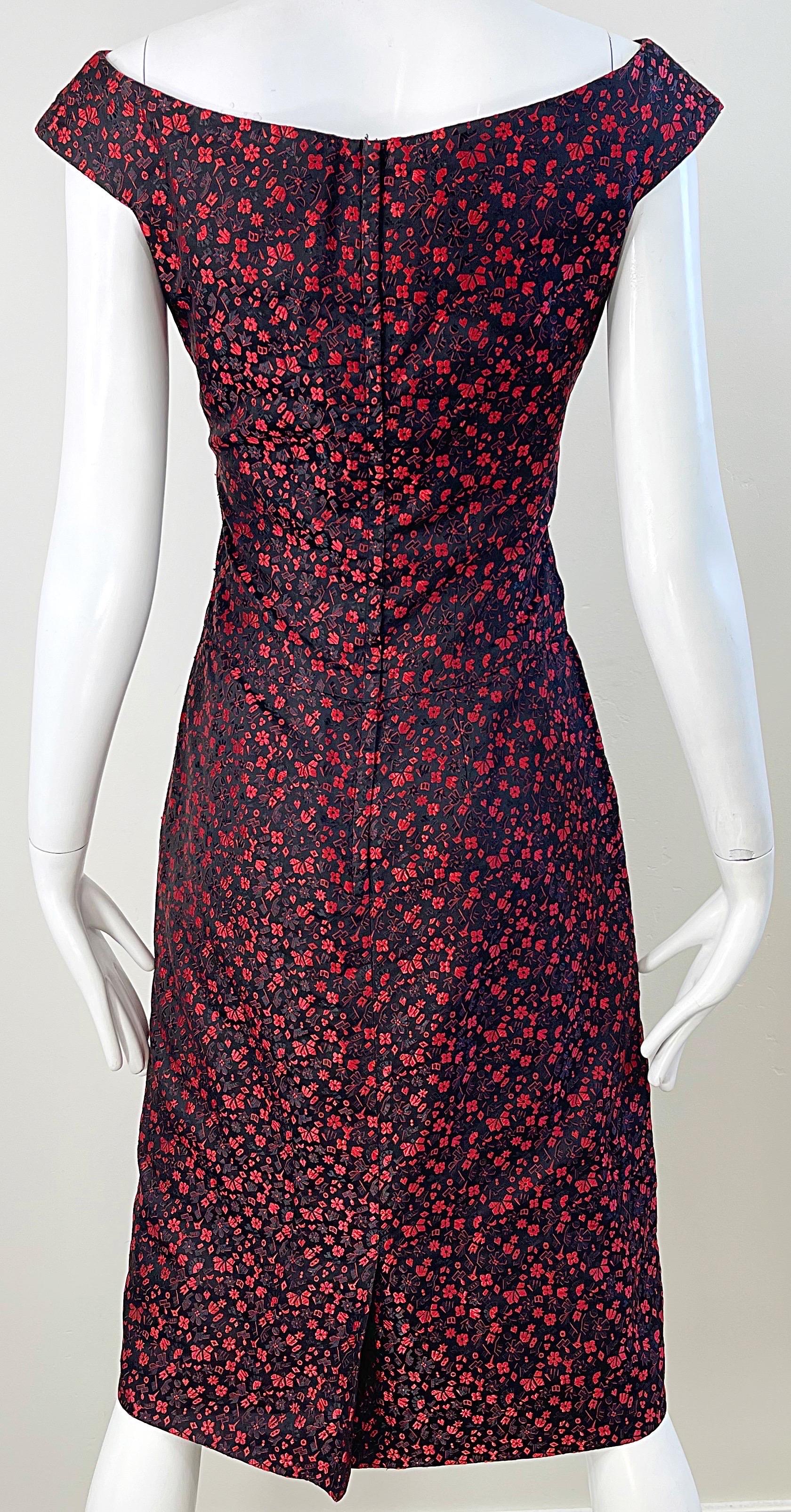 1950s Black and Red Silk Brocade Flower Print Off Shoulder Vintage 50s Dress For Sale 2