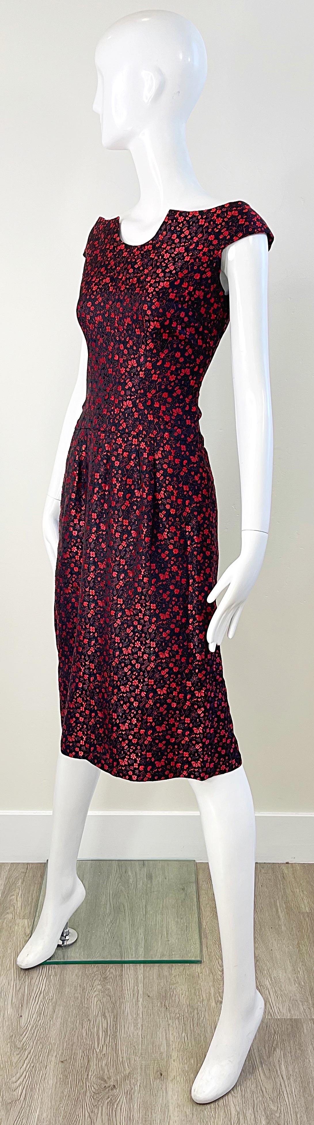 1950s Black and Red Silk Brocade Flower Print Off Shoulder Vintage 50s Dress For Sale 4