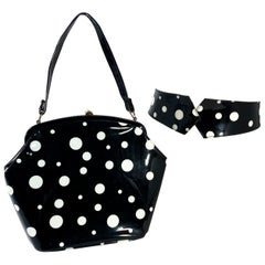 Vintage 1950s Black and White Polka Dots Leatherette Purse with Matching Belt 