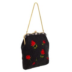 1950s Black Beaded Evening Bag with Red Roses