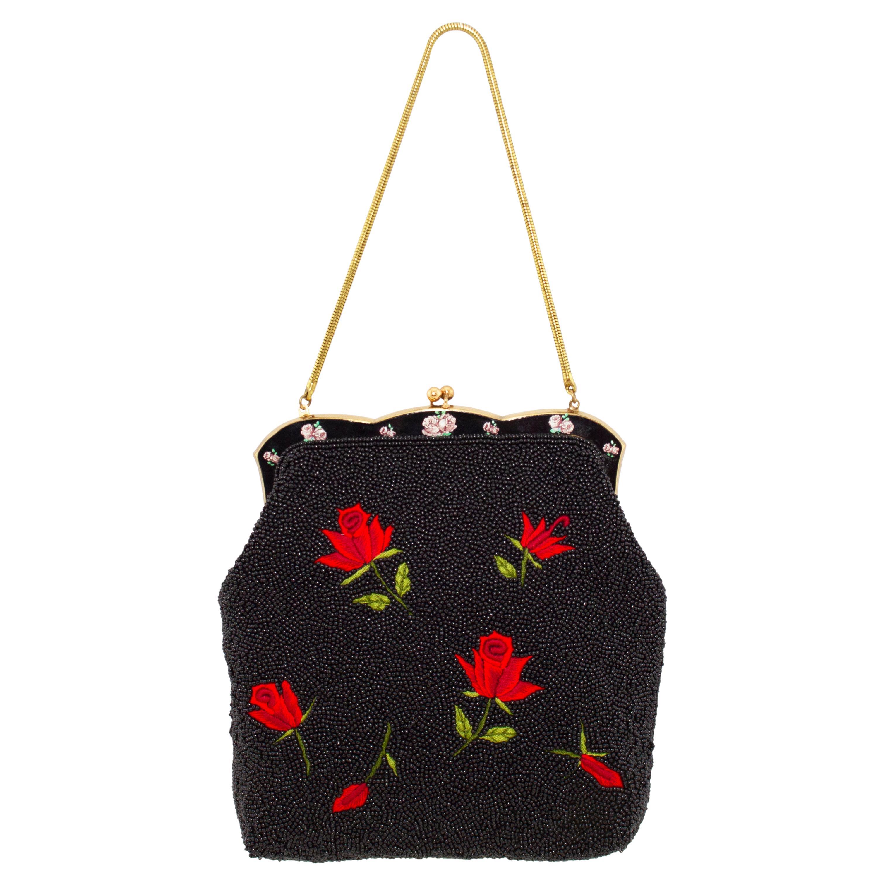 1950s Black Beaded Evening Bag with Red Roses  For Sale