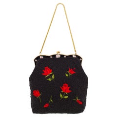 1950s Black Beaded Evening Bag with Red Roses 
