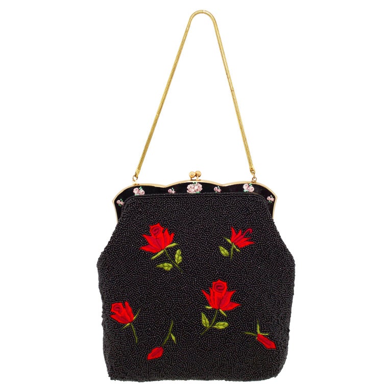 Exquiste Black Glass Beaded Embroidered Evening Bag C 1960
