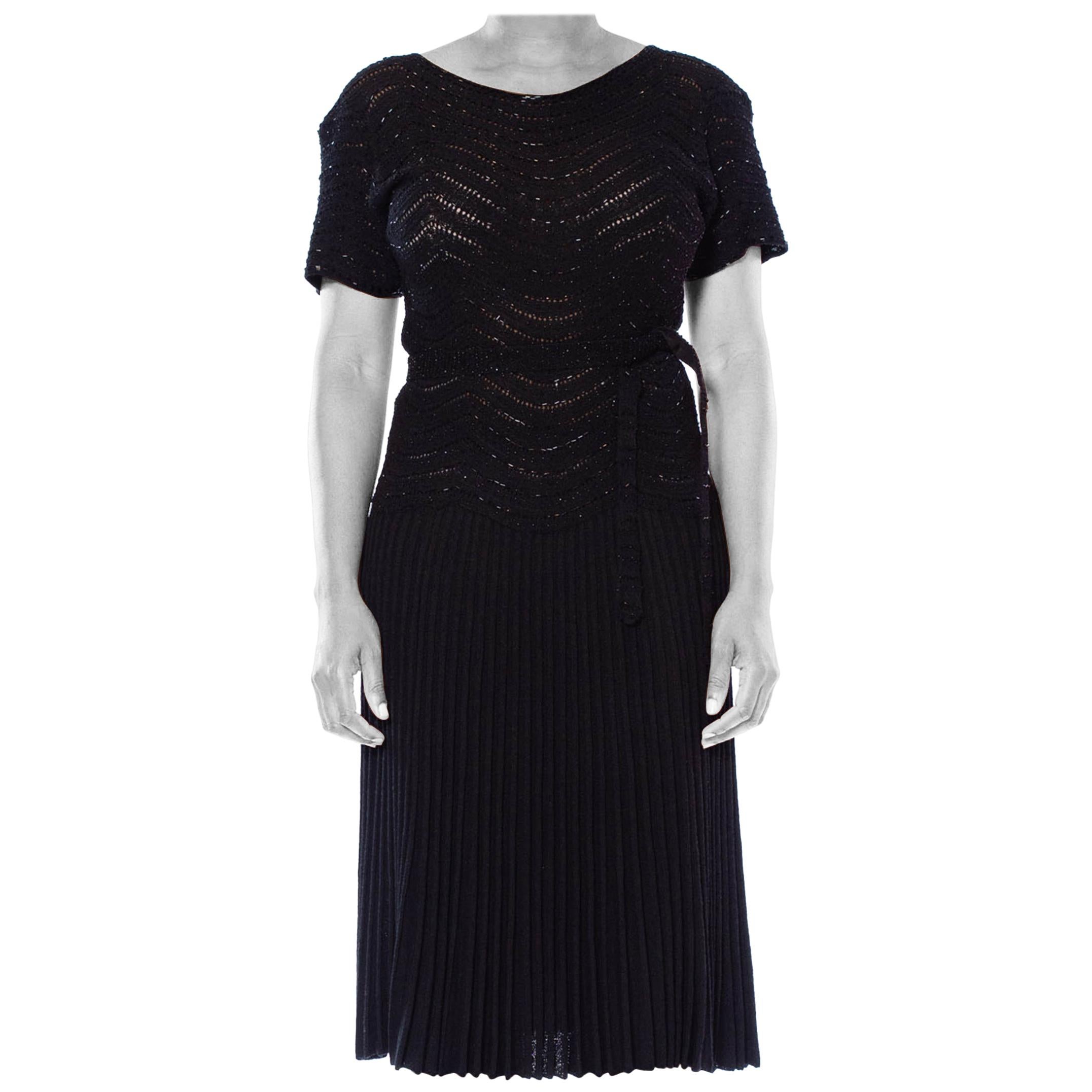 1950S Black Beaded Rayon Knit Wiggle Dress