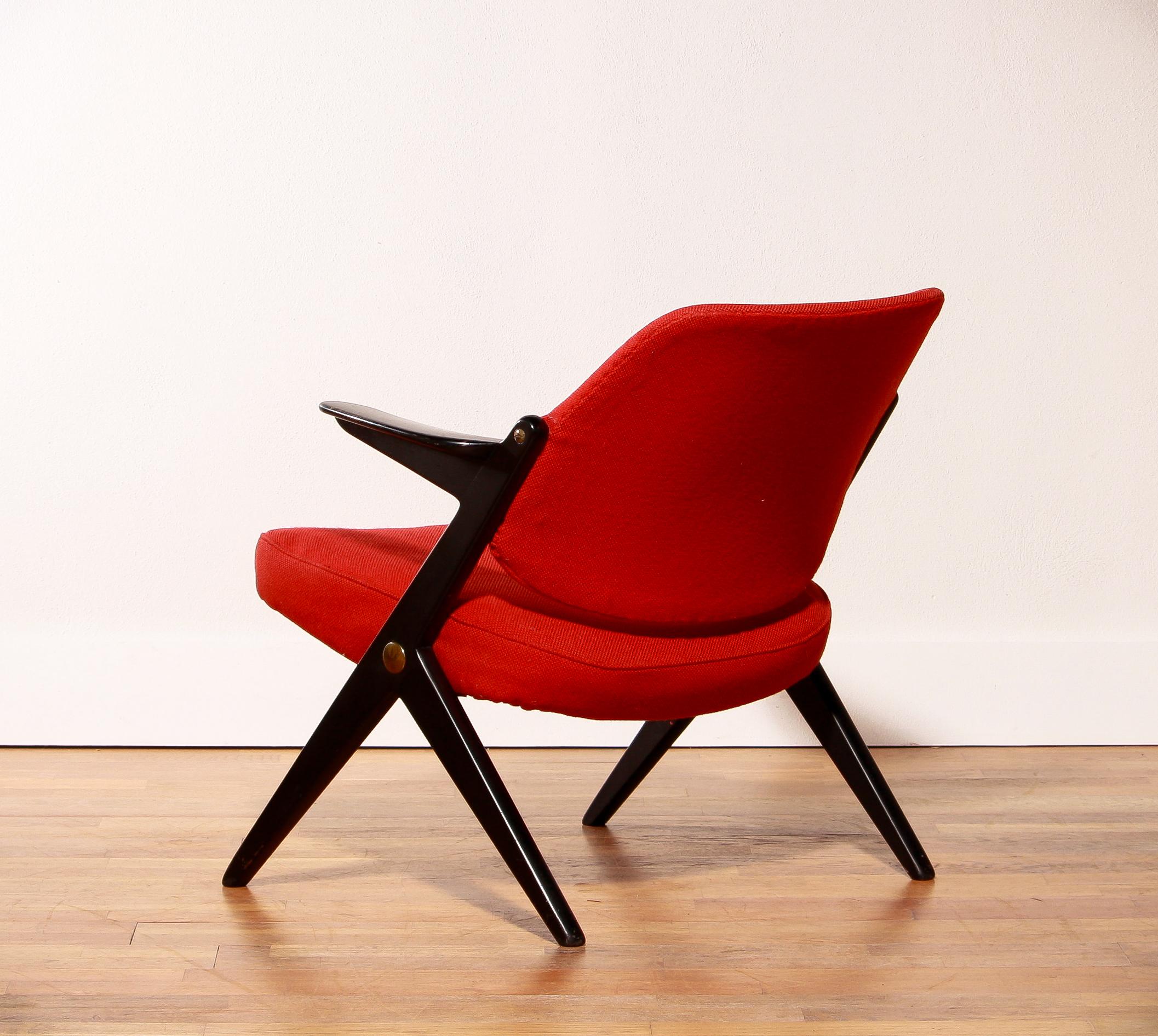 Mid-Century Modern 1950s, Black Birch Red Wool Lounge Chair by Bengt Ruda for Nordiska Kompaniet