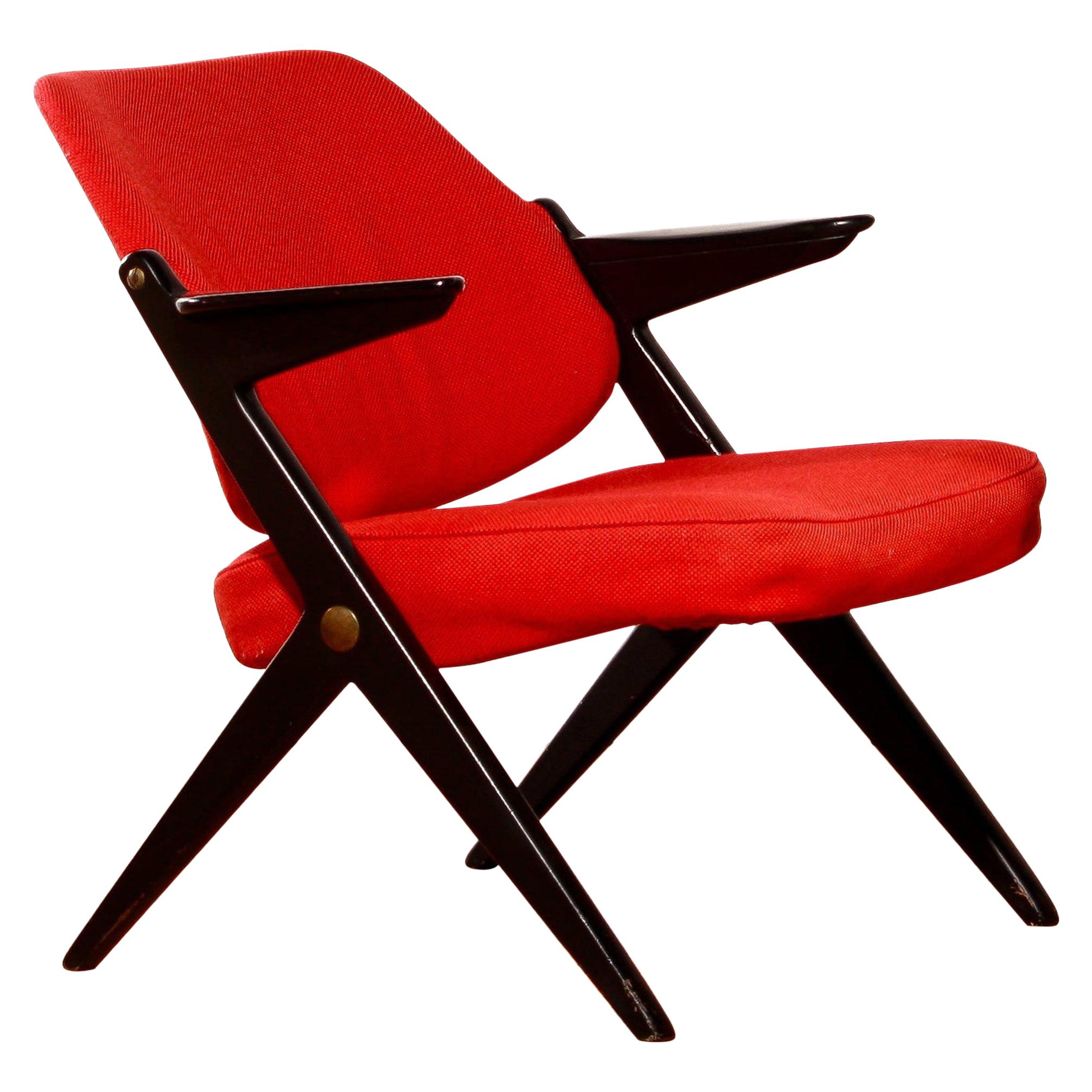 Mid-Century Modern 1950s, Black Birch Red Wool Lounge Chair by Bengt Ruda for Nordiska Kompaniet