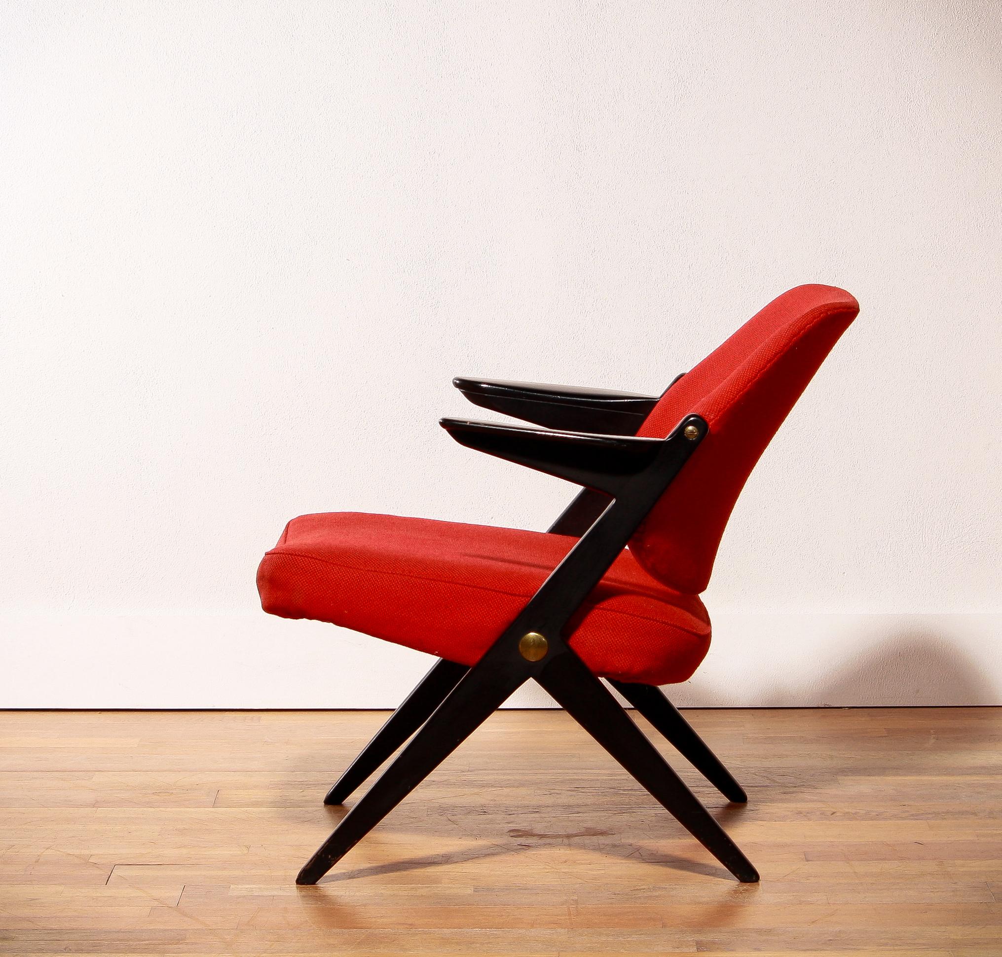 Mid-20th Century 1950s, Black Birch Red Wool Lounge Chair by Bengt Ruda for Nordiska Kompaniet