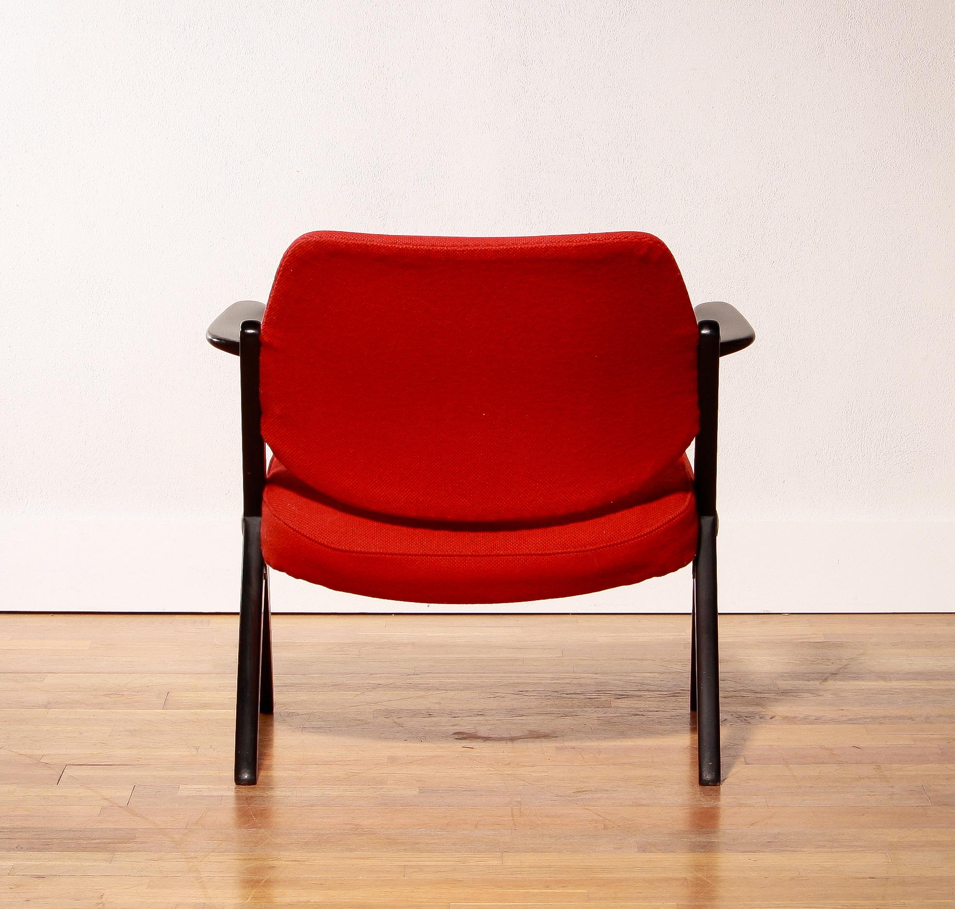 1950s, Black Birch Red Wool Lounge Chair by Bengt Ruda for Nordiska Kompaniet 1