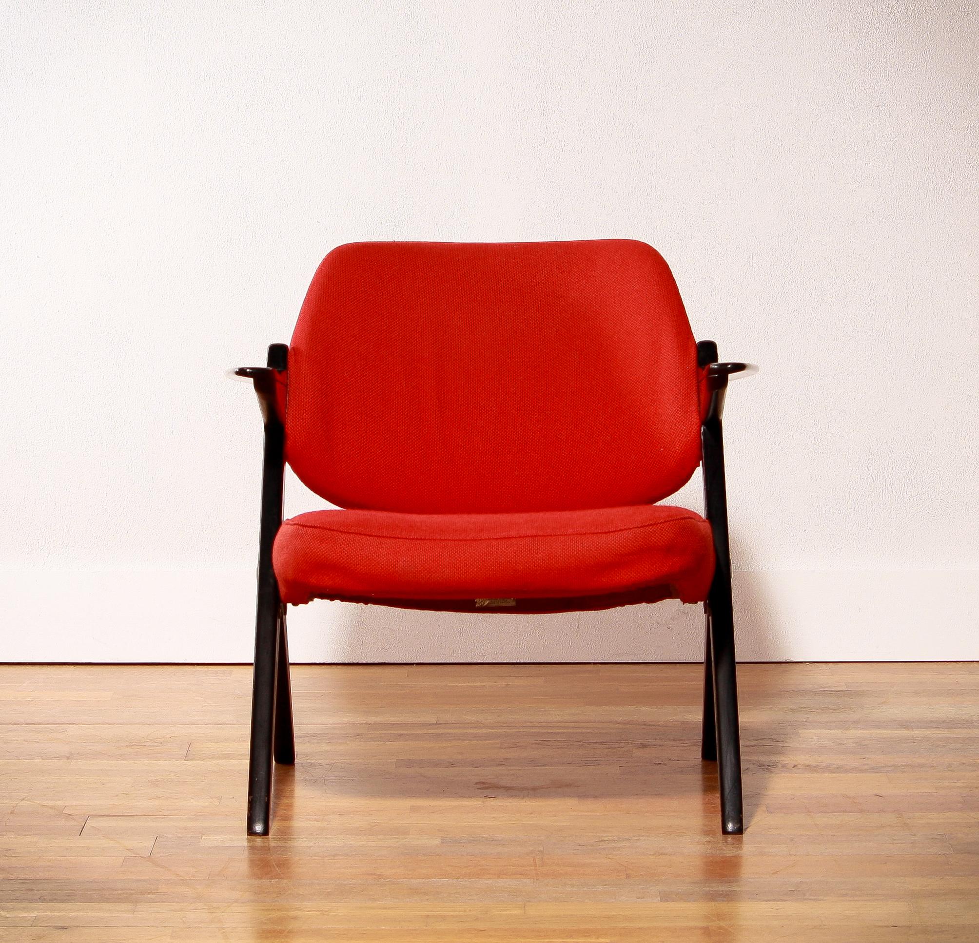 1950s, Black Birch Red Wool Lounge Chair by Bengt Ruda for Nordiska Kompaniet 2