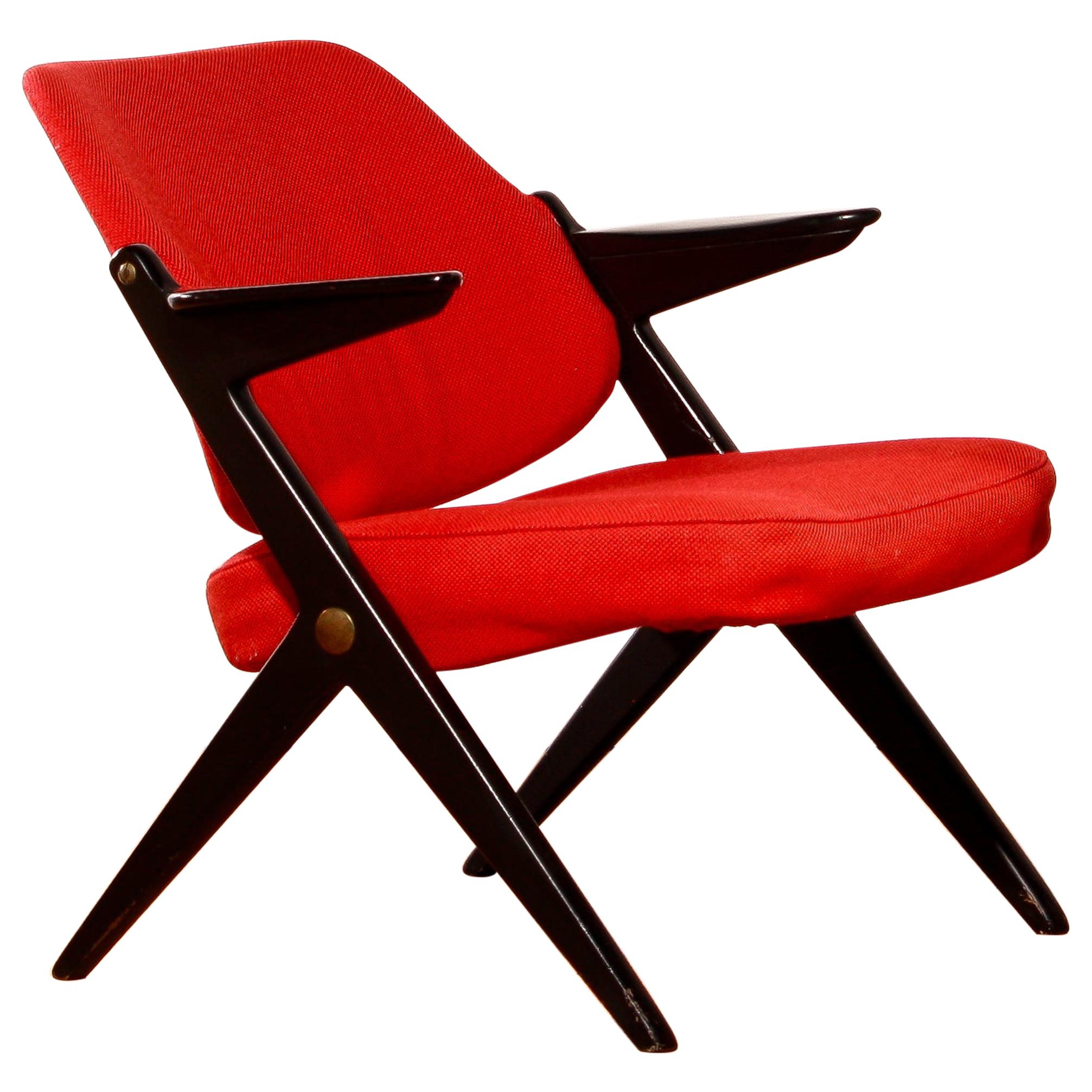 1950s, Black Birch Red Wool Lounge Chair by Bengt Ruda for Nordiska Kompaniet