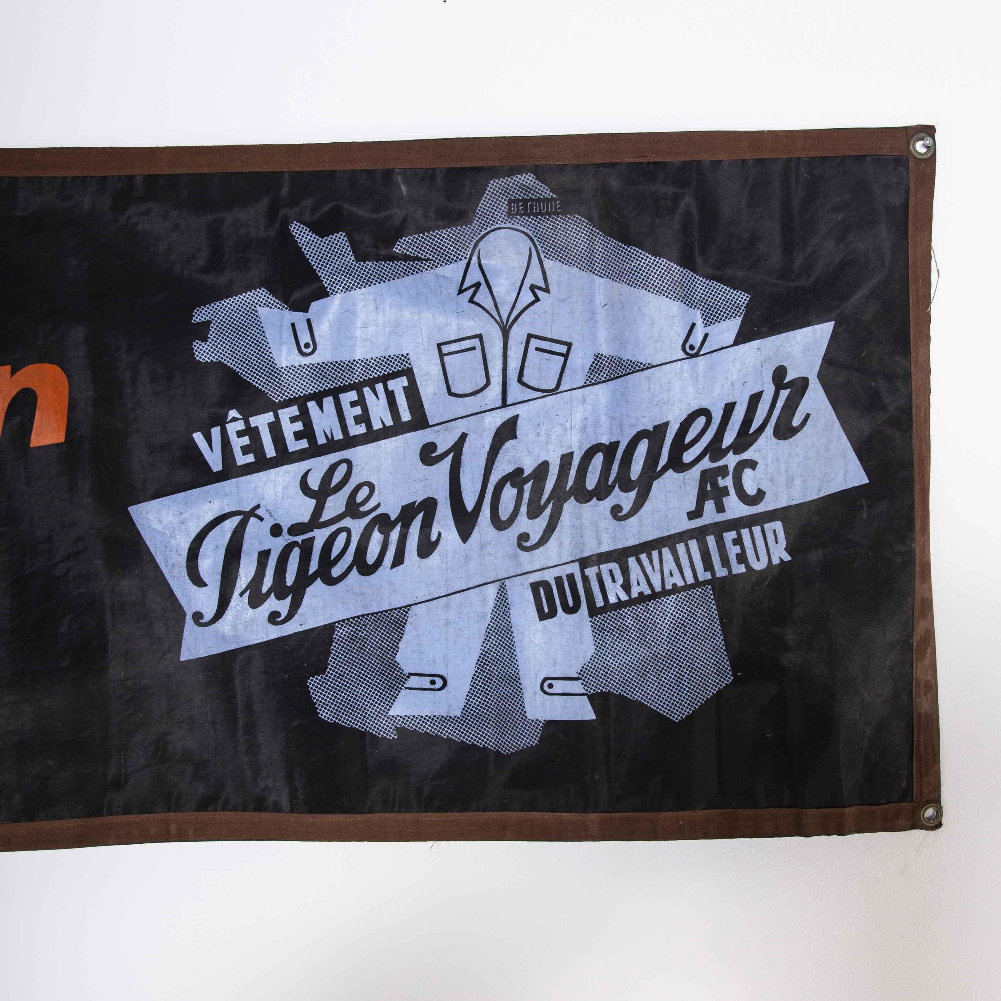 French 1950's Black & Blue Canvas Advertising Banner, Pigeon Voyageur For Sale