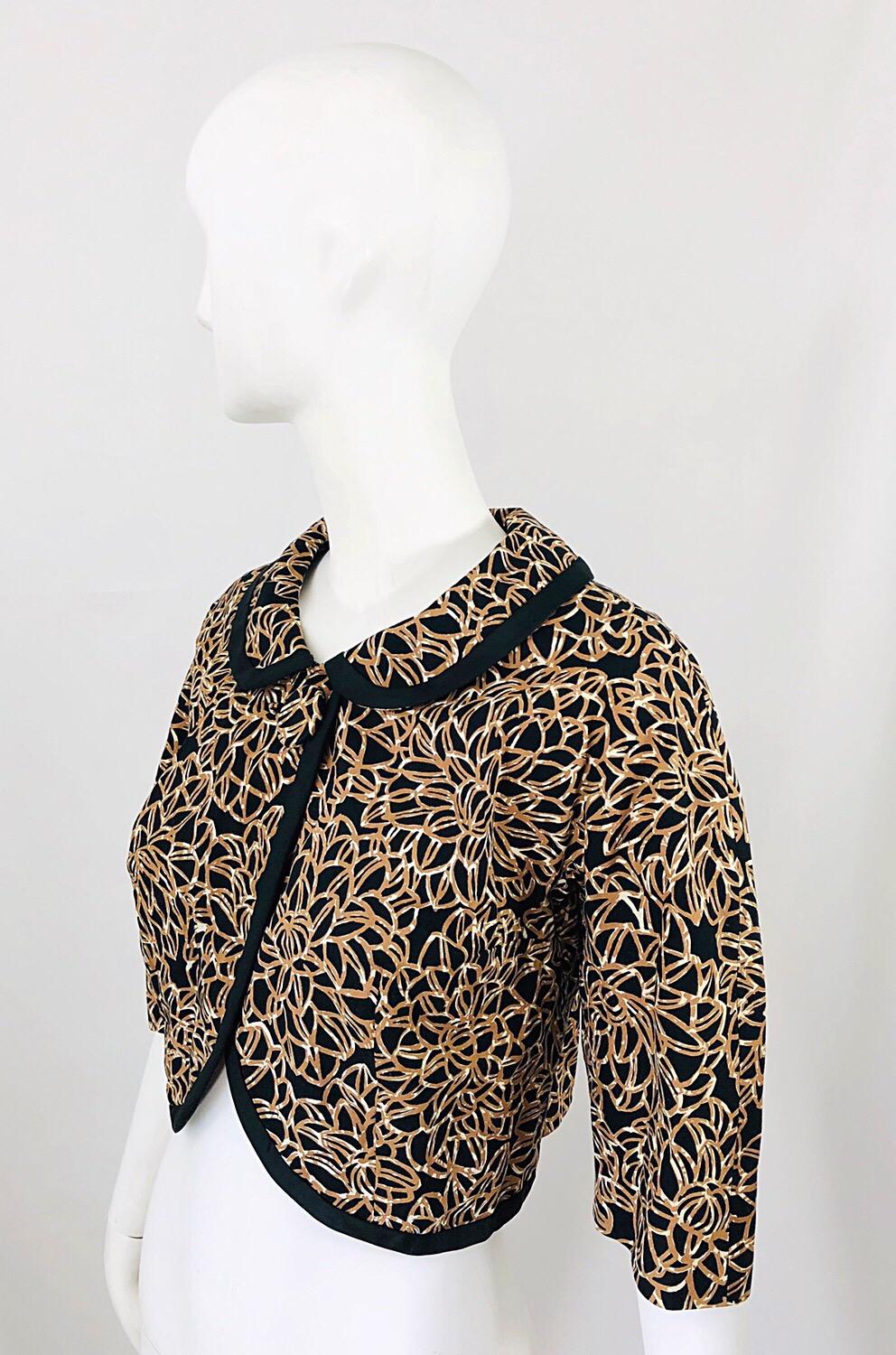 1950s Black + Brown + Ivory Abstract Flower Print Vintage 50s Cropped Jacket  7