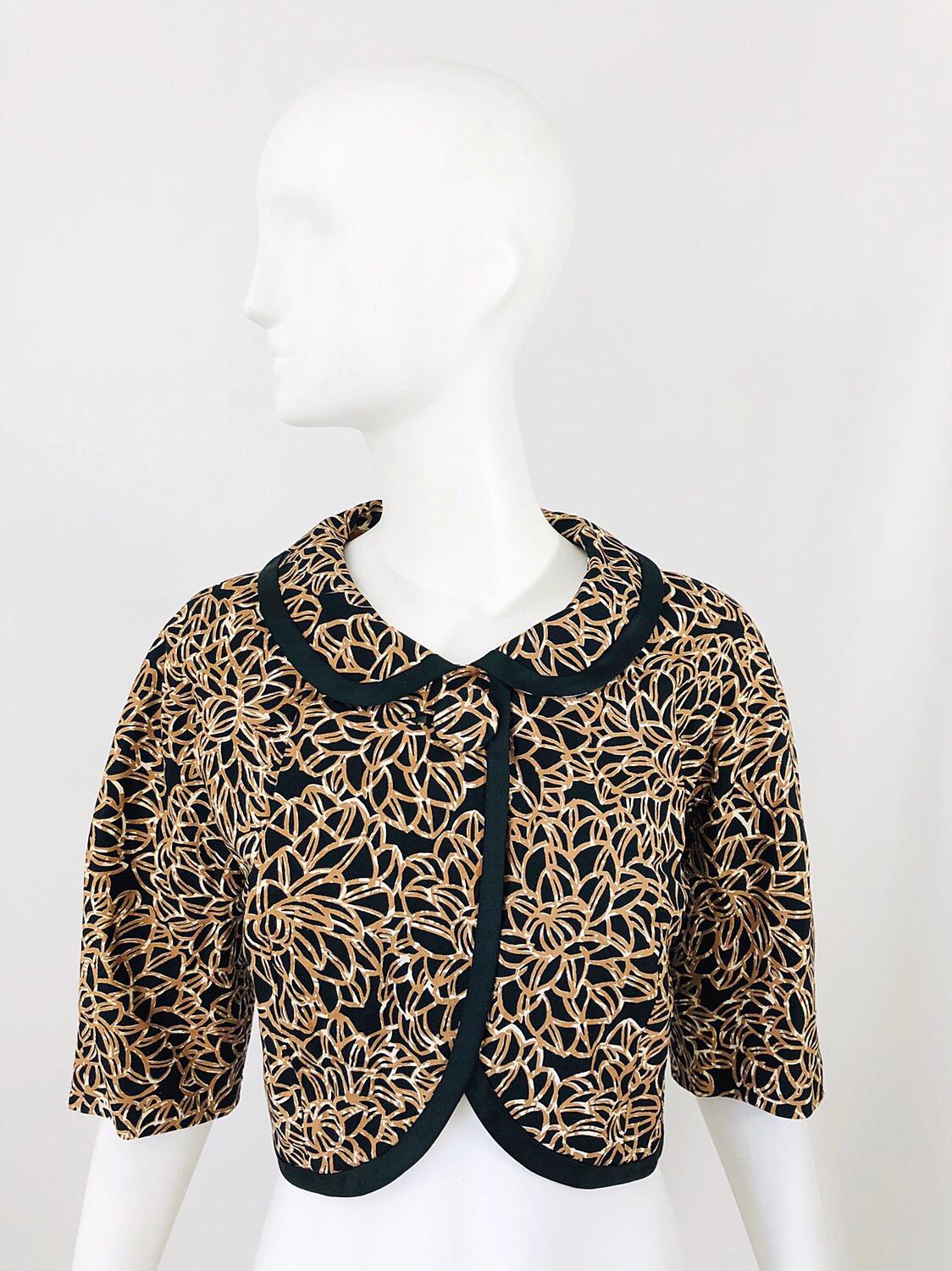 1950s Black + Brown + Ivory Abstract Flower Print Vintage 50s Cropped Jacket  9