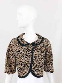 1950s Black + Brown + Ivory Abstract Flower Print Vintage 50s Cropped Jacket