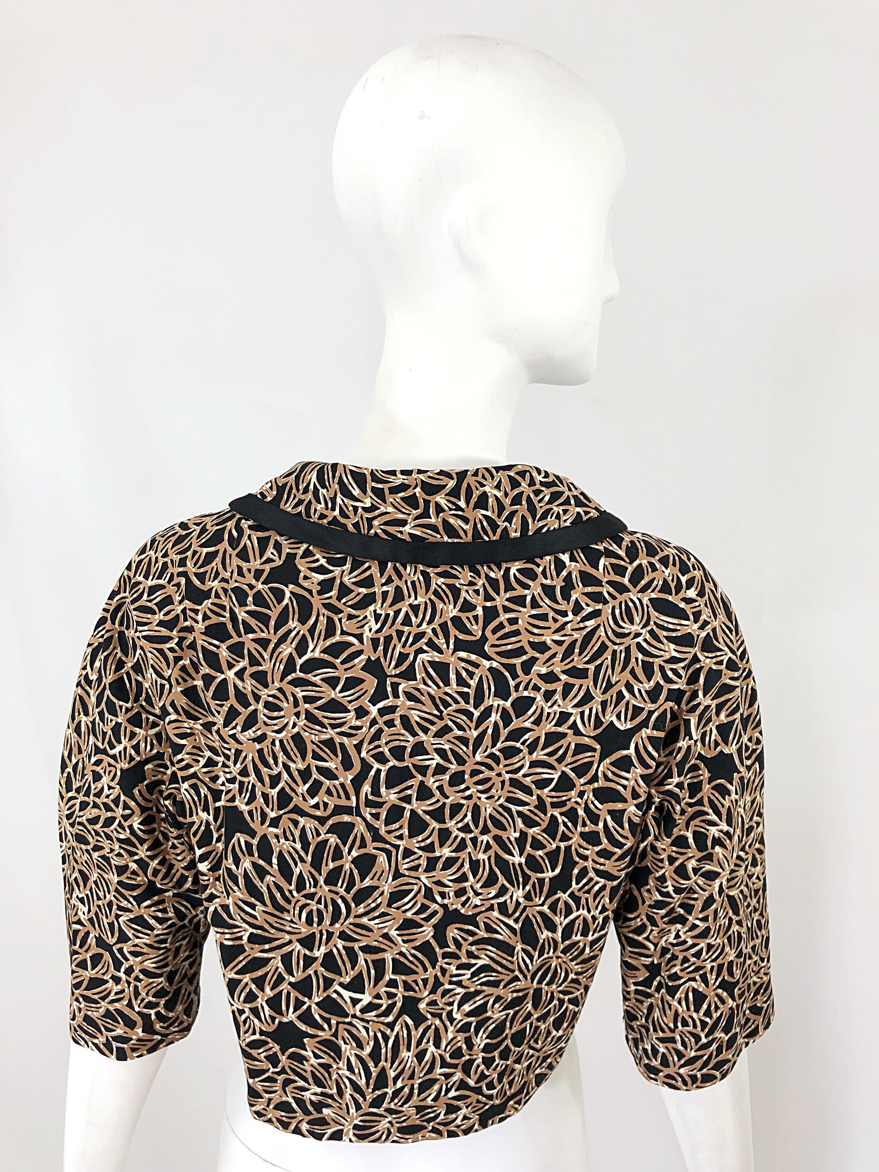 Women's 1950s Black + Brown + Ivory Abstract Flower Print Vintage 50s Cropped Jacket 