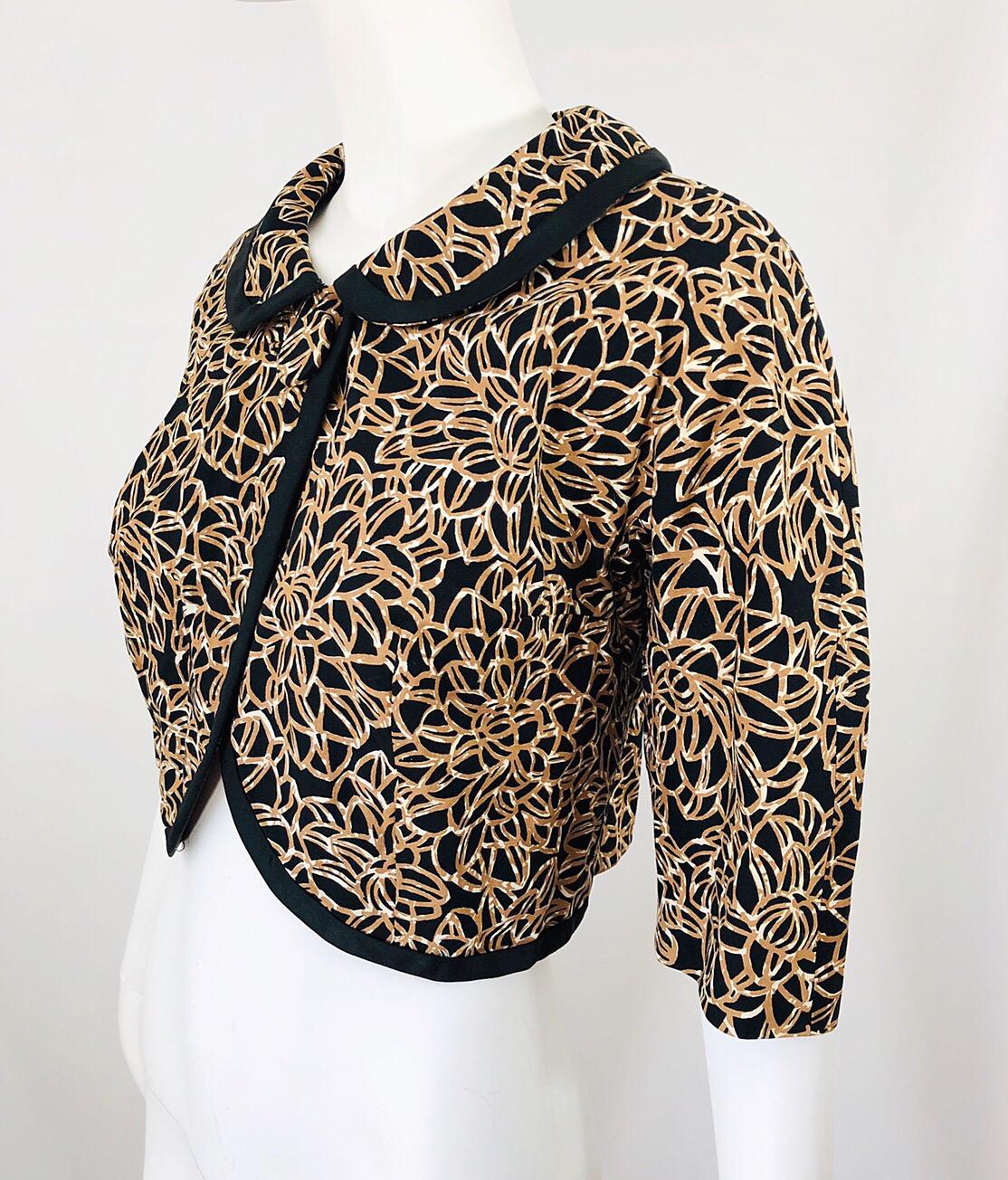 1950s Black + Brown + Ivory Abstract Flower Print Vintage 50s Cropped Jacket  2
