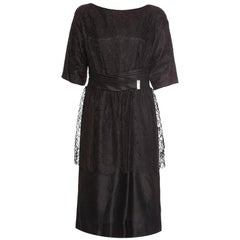 Vintage 1950s Black Chantilly Lace Peplum Cocktail Dress With Pleated Satin Sash