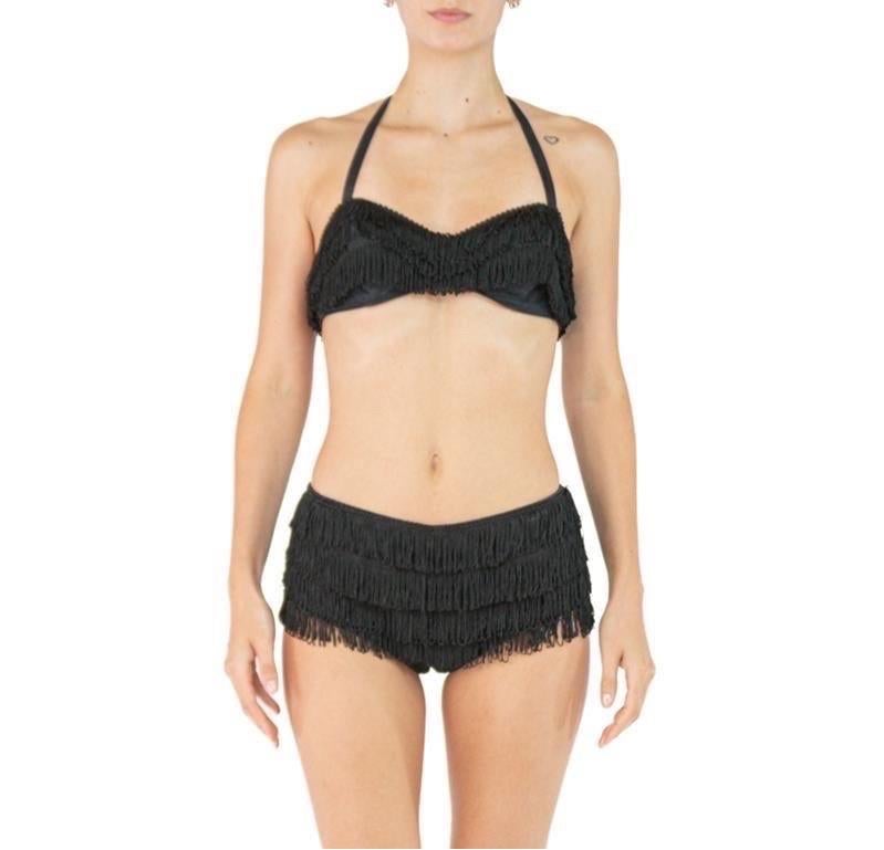 1950S Black Cotton Cole Of California Sun Suit Swimsuit With Fringe In Excellent Condition For Sale In New York, NY