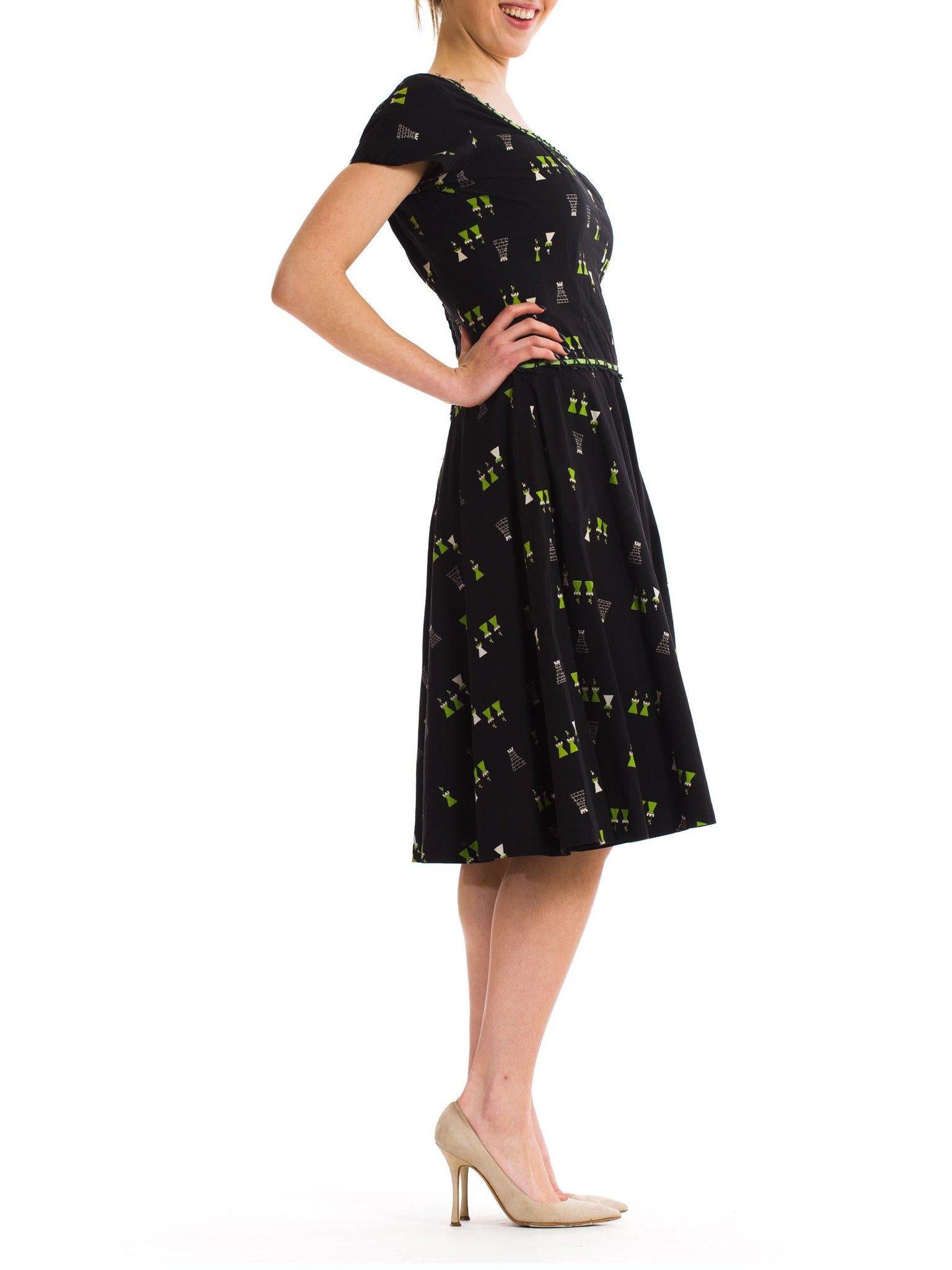 Women's 1950S Black Cotton Day Dress Printed With Cute Green Castles For Sale