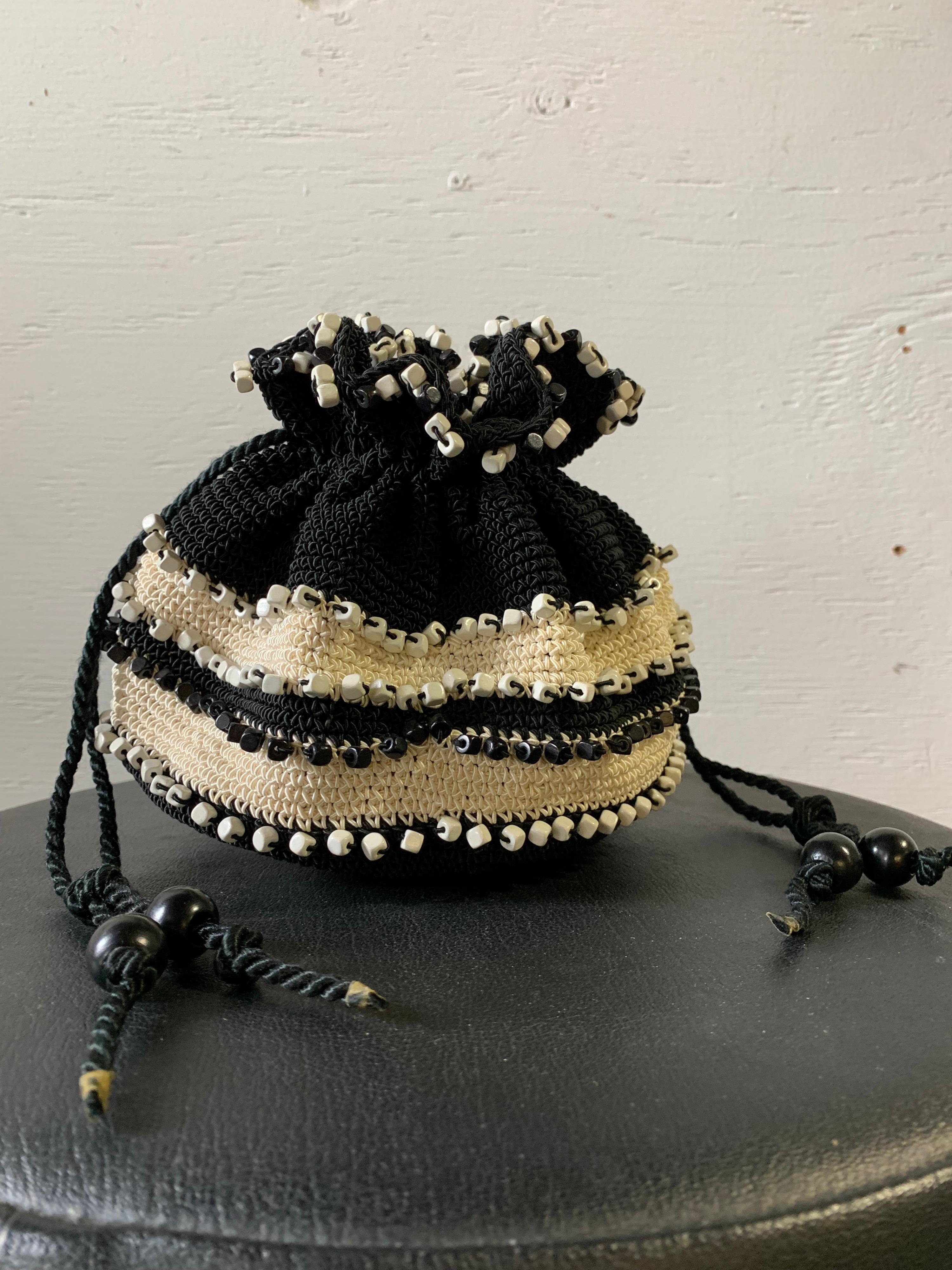 1950s Black & Cream Crochet Drawstring Pouch Handbag W Stripes & Square Beads. Bullseye-resin bottom. 