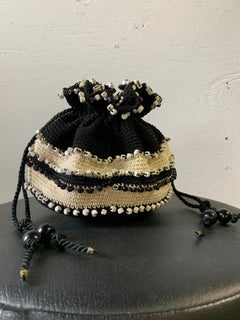 1950s Black & Cream Crochet Drawstring Pouch Handbag W Stripes & Square Beads