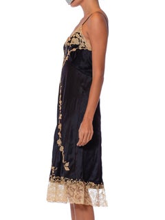 1950S Black & Ecru Haute Couture Silk Charmeuse Bias Slip Dress With Hand Appli
