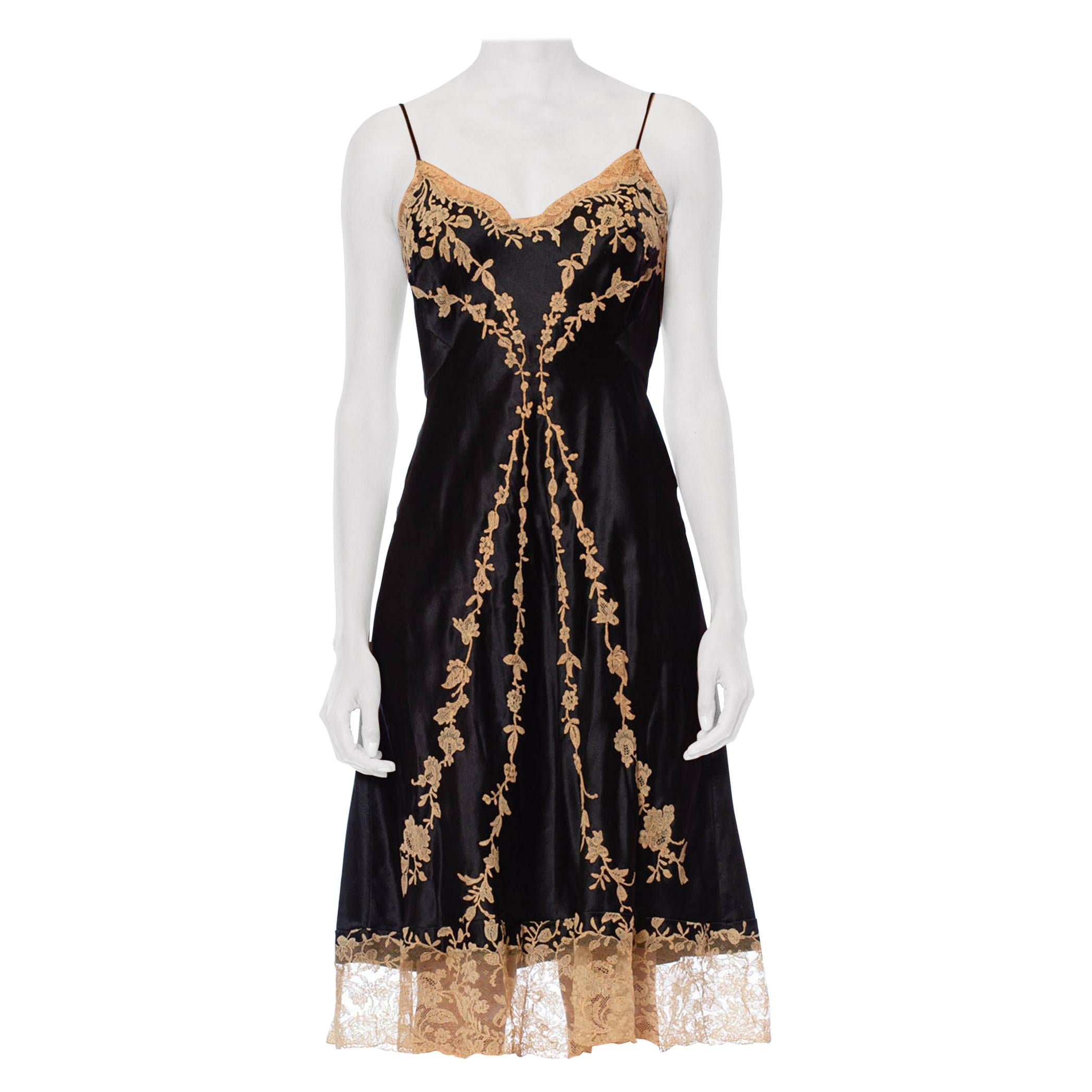 1950S Black & Ecru Haute Couture Silk Charmeuse Bias Slip Dress With Hand Appli