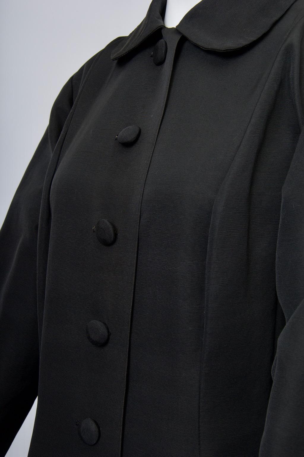 1950s Black Faille Fit and Flare Coat For Sale 1