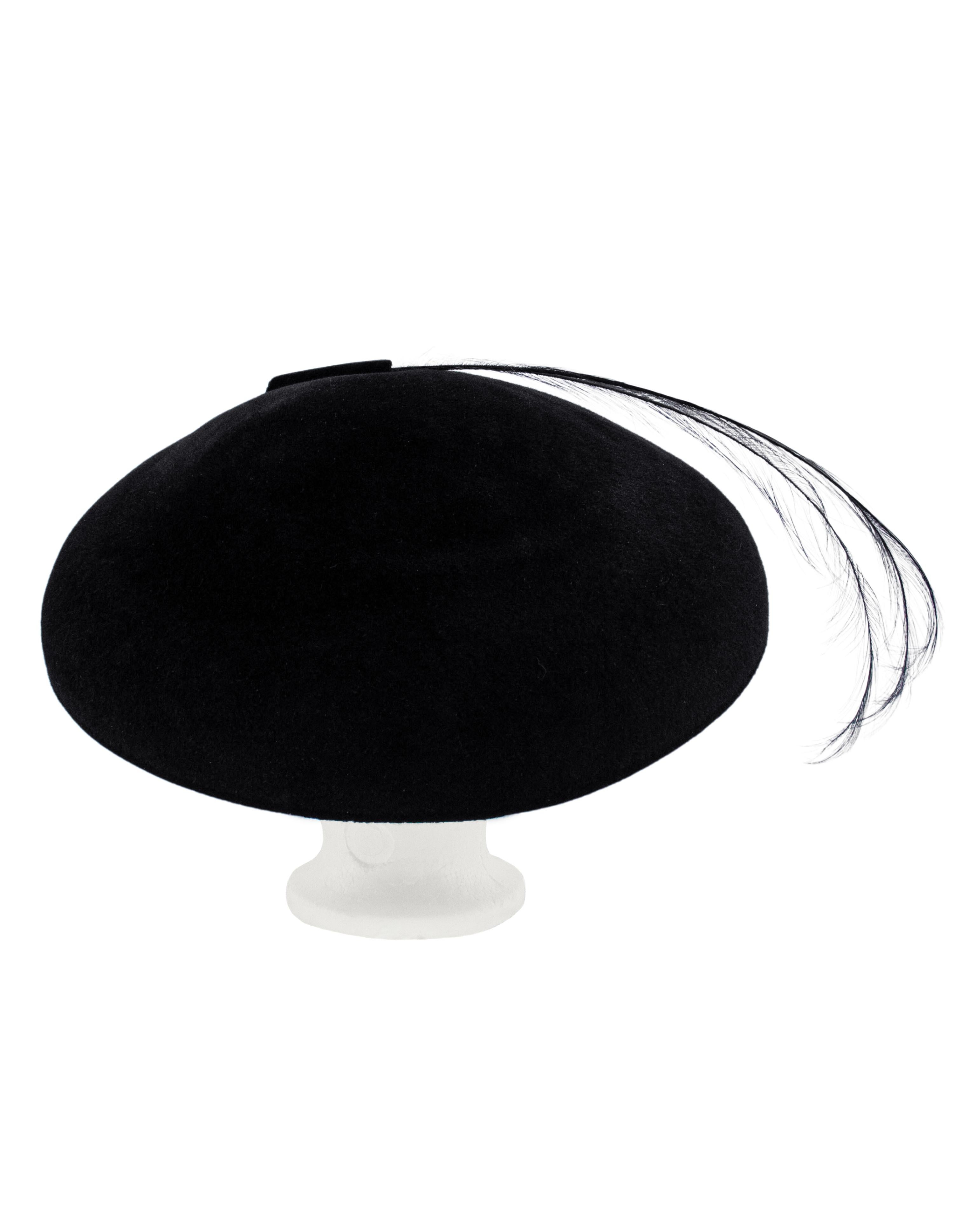 Women's 1950's Black Felt Saucer Hat with Feathers For Sale
