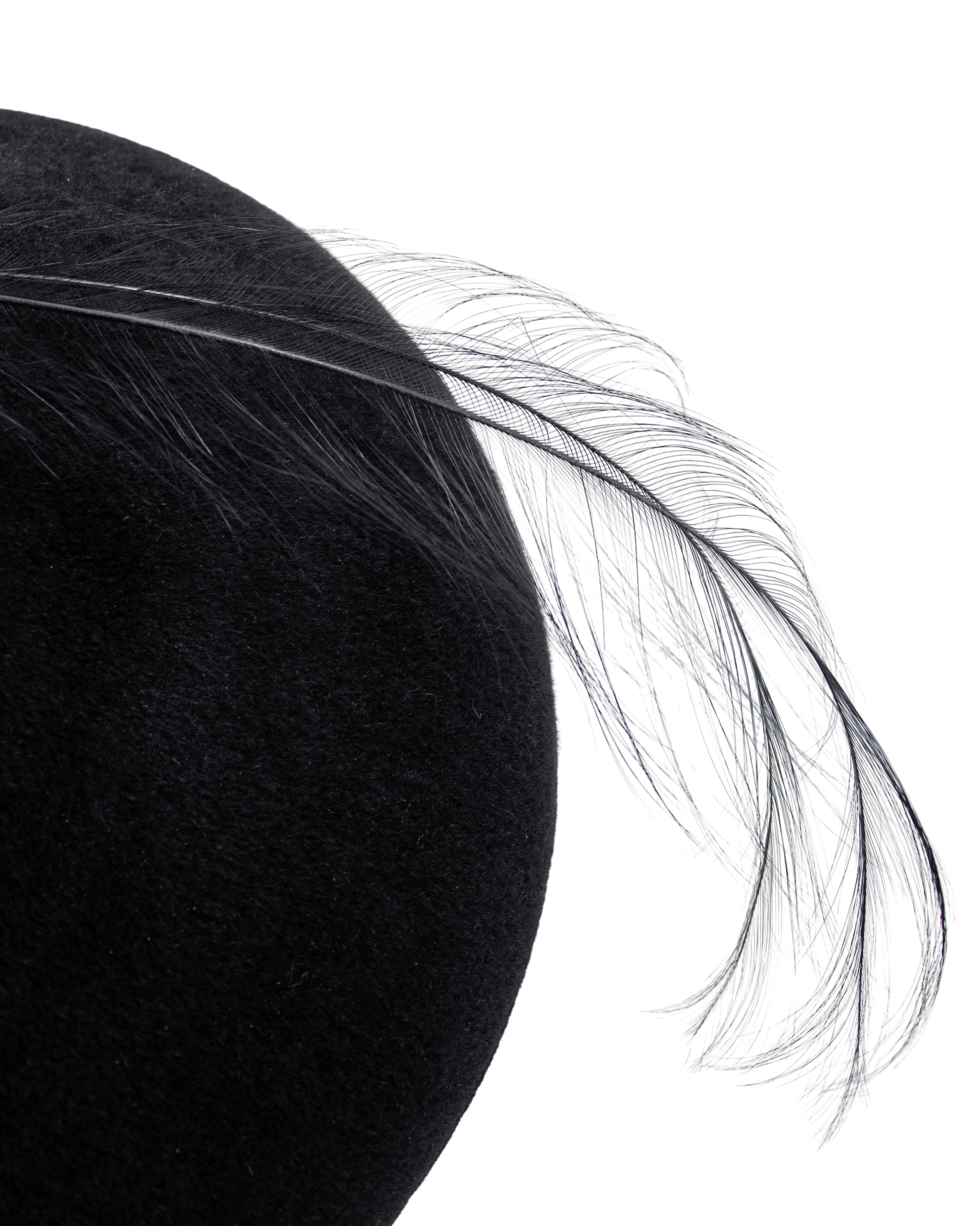 1950's Black Felt Saucer Hat with Feathers For Sale 1