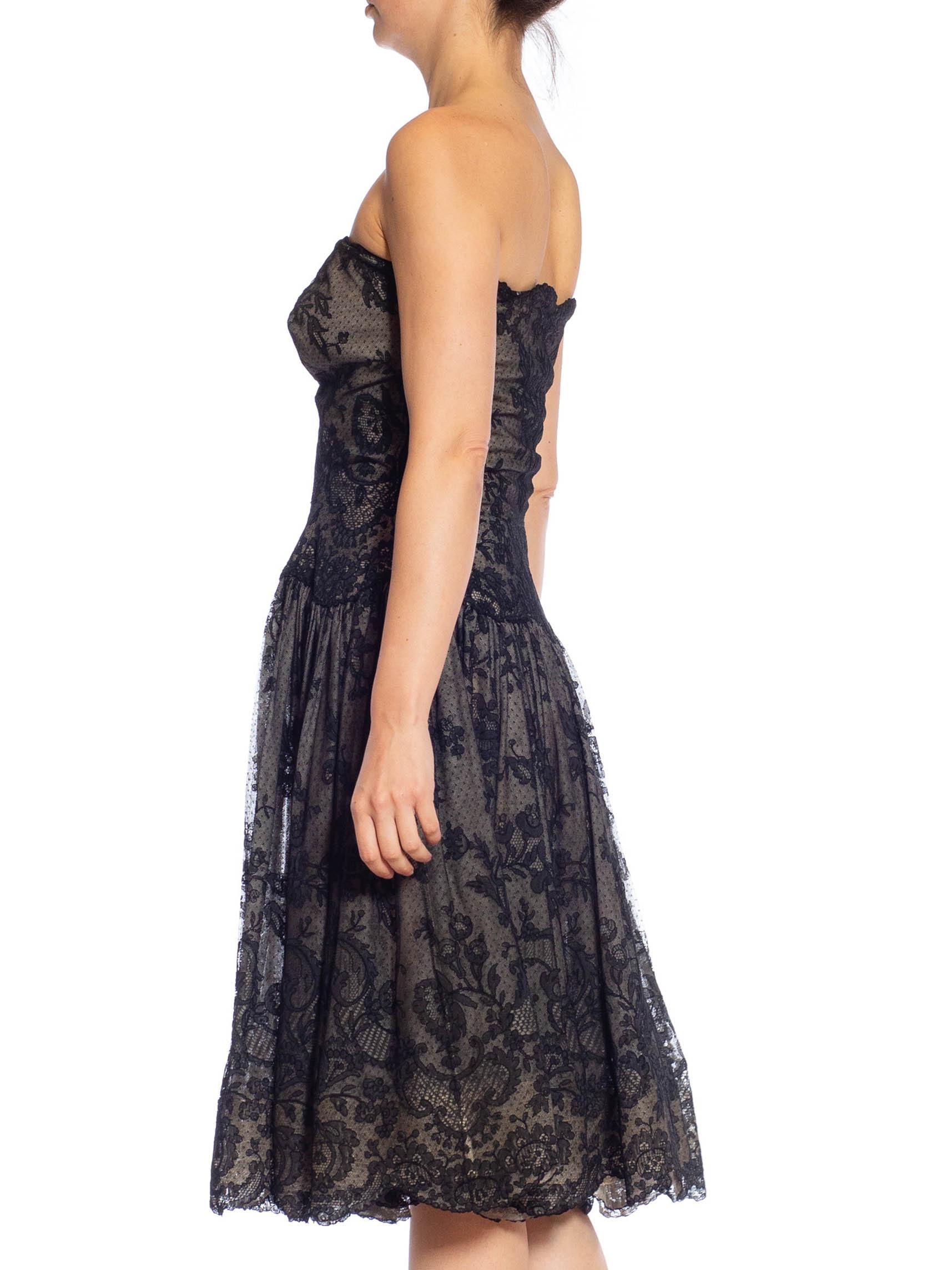 Beautiful very expensive silk Chantilly lace hand made and finished in France 1950S Black Floral Lace Strapless Fit & Flare Cocktail Dress From Paris 