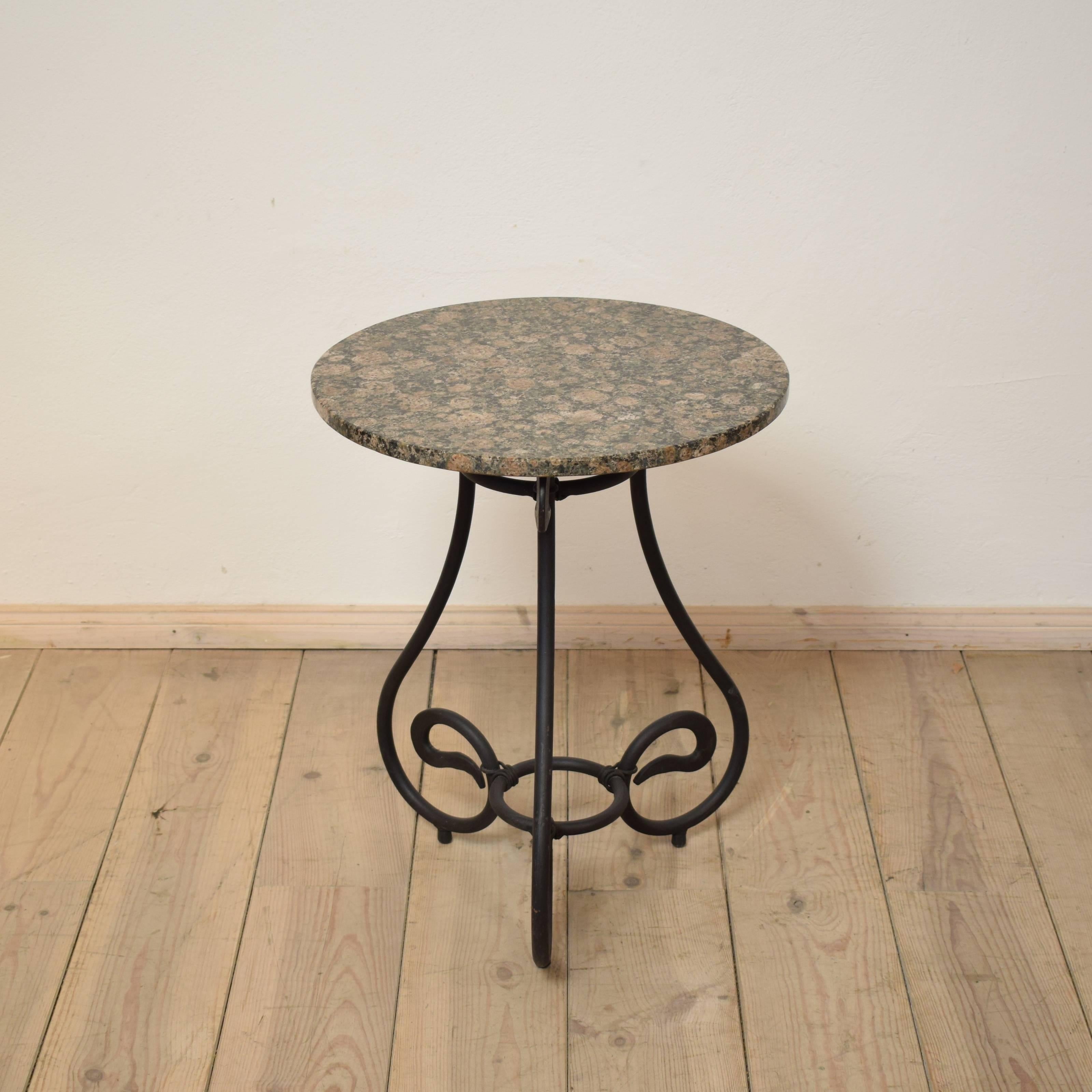 Arts and Crafts 1950s Black Forged Iron Side Table with Granite Top