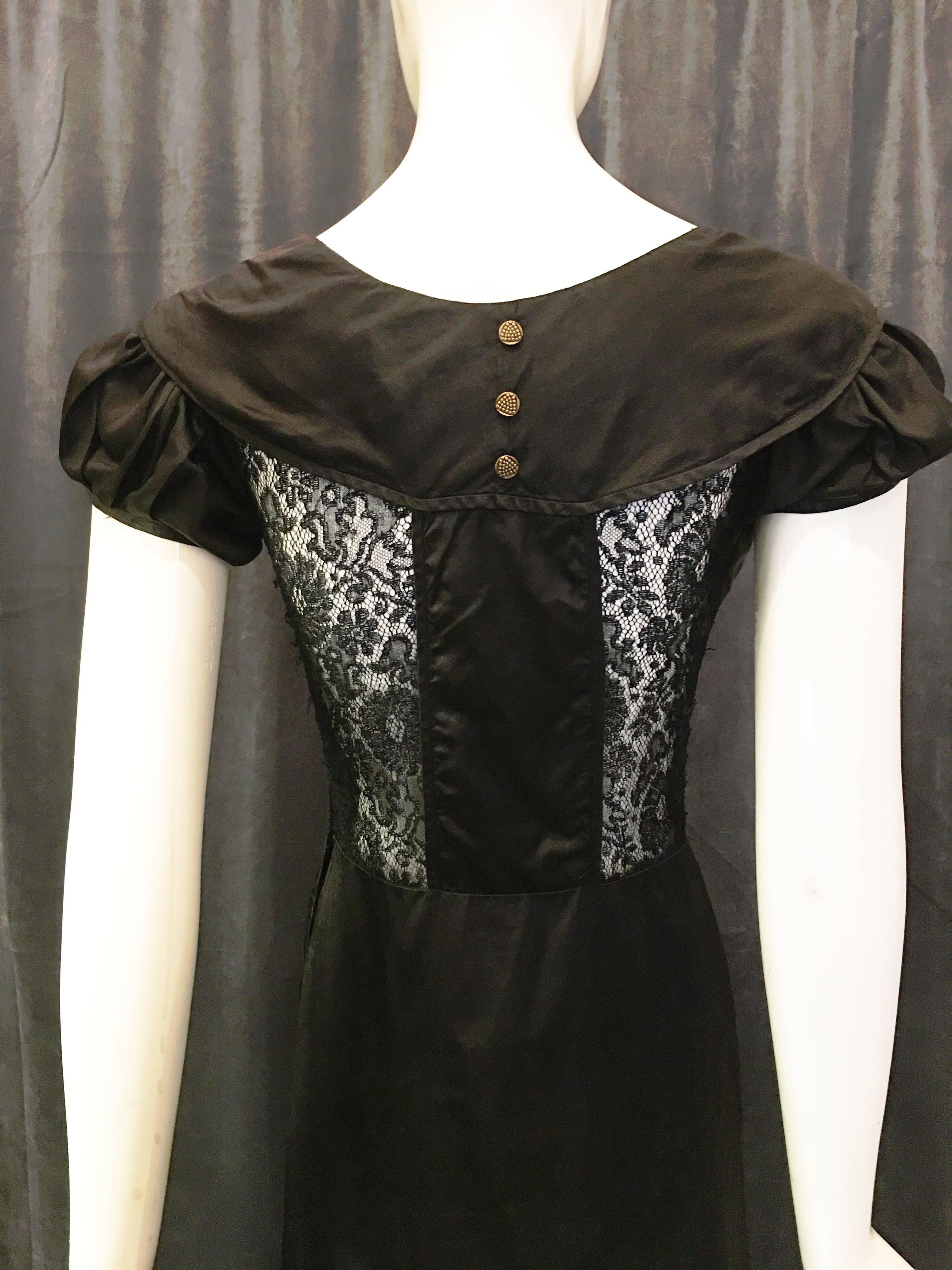 Black Full Length Dress with Lace Paneling, 1950s   For Sale 5
