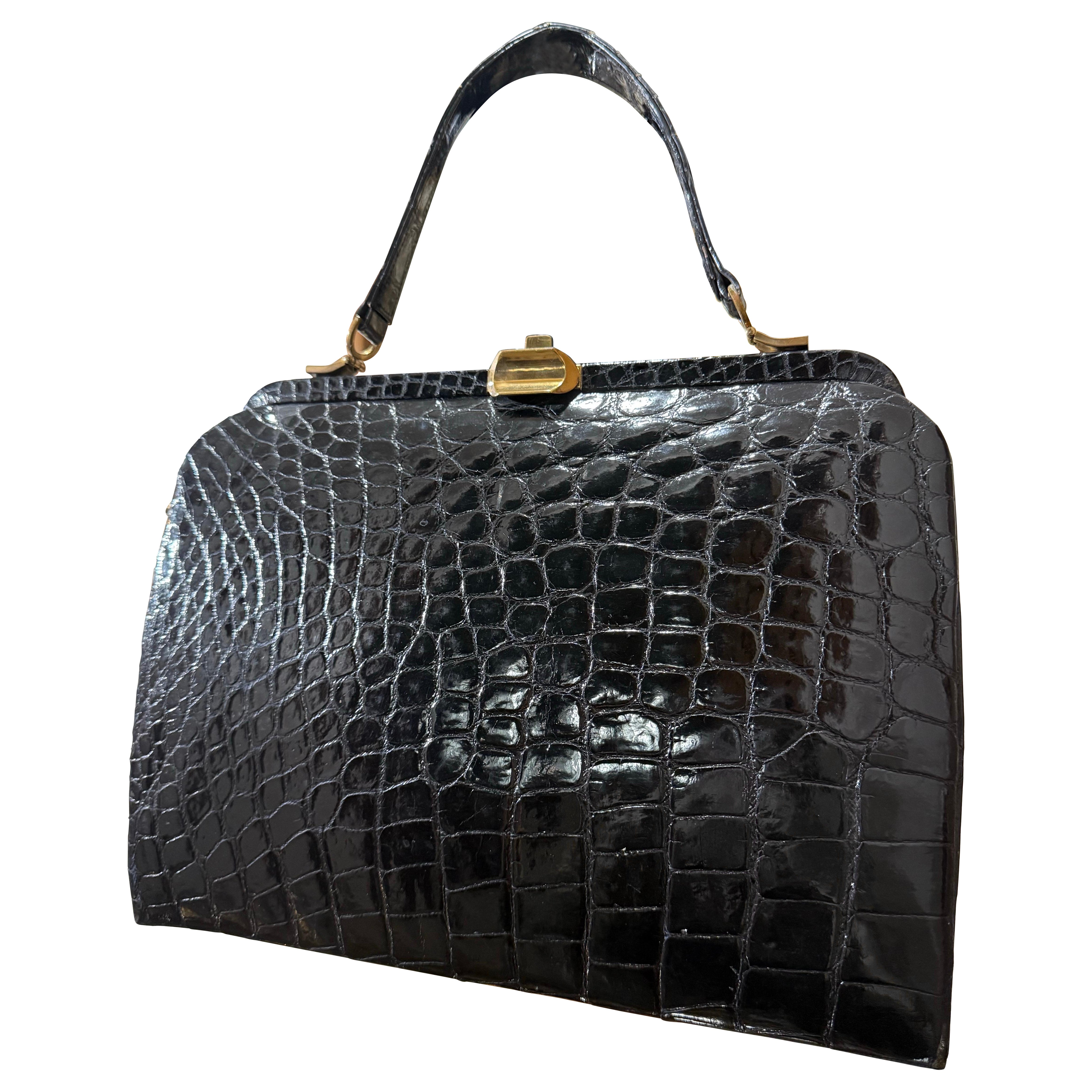 1950s Black Genuine Crocodile Large Top Handle Handbag w Gold Hardware.