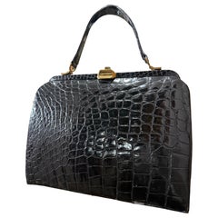 1950s Black Genuine Crocodile Large Top Handle Handbag w Gold Hardware.