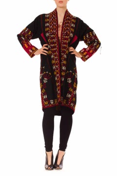 1950S Black Hand Embroidered Silk Middle Eastern Duster Coat Lined With Cotton