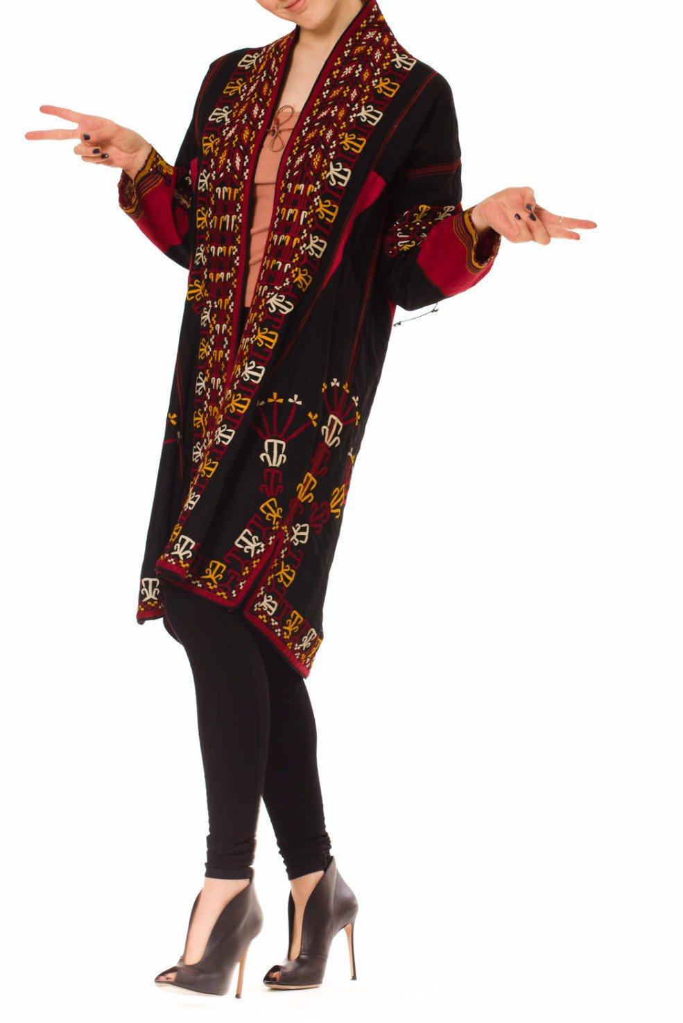 Women's or Men's 1950S Black Hand Embroidered Silk Middle Eastern Duster Coat Lined With Cotton For Sale