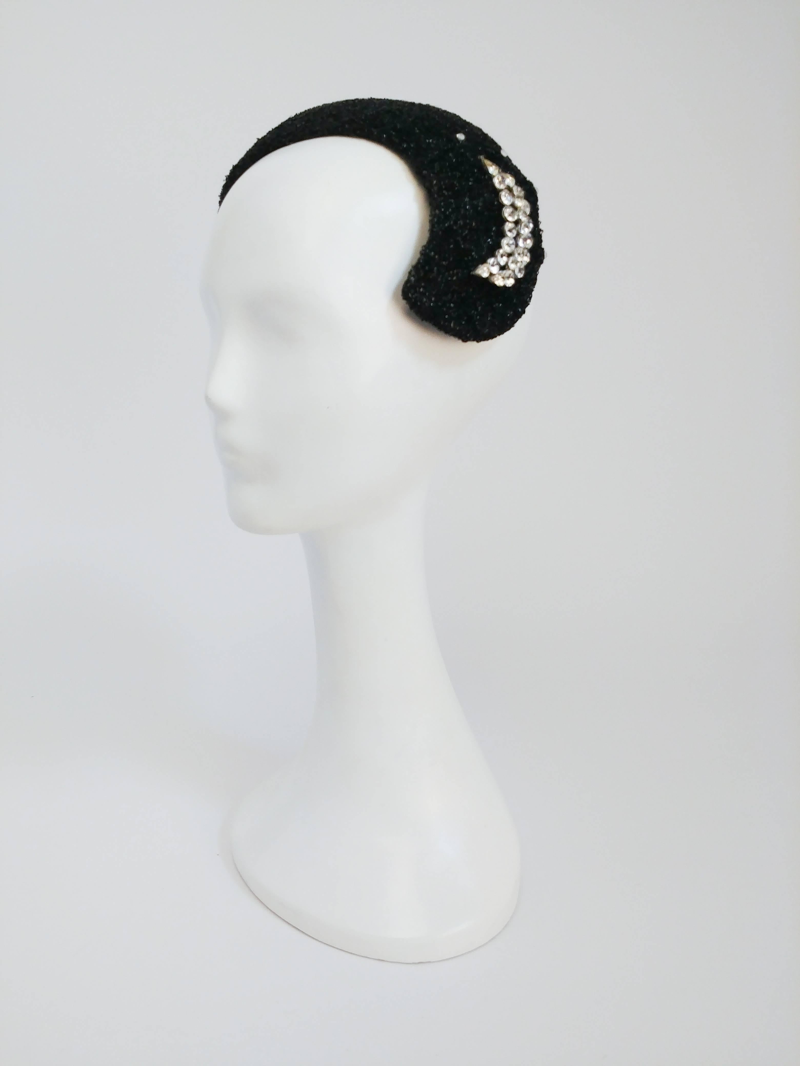 1950s Black I. Magnin Cocktail Hat with Rhinestone Crescent Moon. Black shiny raffia weave cocktail hat with clear rhinestone embellishments and crescent moon. Open sized. 